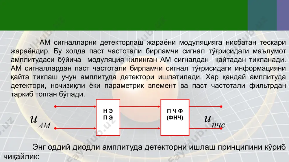 тўғридан тўғри детекторлаб бўлмайди. бунинг учун қўйидаги учта усул ишлатилади: чм сигналлар ам сигналларга айлантирилиб амплитуда детектор ёрдамида детекторланилади. чм сигналлар фм сигналларга айлантирилиб фаза детектор ёрдамида детекторланилади. чм сигналлар импульсли модуляция қилинган сигналларга айлантирилиб импульсли детектор ёрдамида детекторланилади. битта созланмаган контурли частота детекторини кўриб чиқамиз: чм сигналларни детекторлаш чм сигналларни фм сигналларга айлантириб детекторлаш қўйидаги схема ёрдамида амлга оширилади: image2.jpg image3.wmf image4.wmf oleobject1.bin oleobject2.bin image5.wmf image14.wmf image15.wmf image16.wmf image17.wmf image18.wmf image19.wmf image20.wmf image21.wmf image22.wmf image23.wmf image6.wmf image24.wmf image25.wmf image7.wmf image8.wmf image9.wmf image10.wmf image11.wmf image12.wmf image13.wmf oleobject7.bin oleobject8.bin oleobject9.bin oleobject10.bin oleobject11.bin oleobject12.bin oleobject13.bin oleobject14.bin oleobject15.bin oleobject16.bin oleobject3.bin oleobject17.bin oleobject18.bin oleobject19.bin oleobject20.bin oleobject21.bin oleobject22.bin oleobject23.bin oleobject24.bin oleobject25.bin oleobject4.bin oleobject5.bin oleobject6.bin image26.wmf image27.wmf image28.wmf oleobject26.bin oleobject27.bin oleobject28.bin image29.wmf image30.wmf image31.wmf image32.wmf image33.wmf image34.wmf image35.wmf oleobject33.bin oleobject34.bin oleobject35.bin oleobject29.bin oleobject30.bin oleobject31.bin oleobject32.bin image36.wmf image37.wmf image38.wmf image39.wmf image40.wmf image41.wmf image42.wmf image43.wmf image44.wmf oleobject40.bin oleobject41.bin oleobject42.bin oleobject43.bin oleobject44.bin oleobject36.bin oleobject37.bin oleobject38.bin oleobject39.bin image45.wmf image46.wmf image47.wmf …