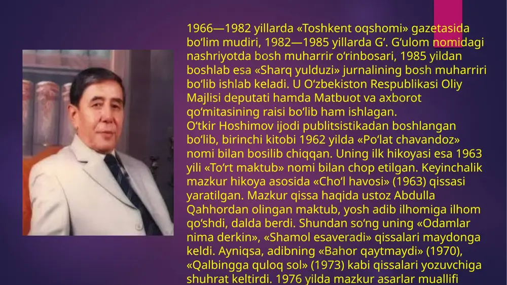 itar rejim siyosatini yurgizganlar, afg’on urushini boshlaganlar, «o’zbeklar ishi», «paxta ishi» mojarosini o’ylab topgan g’alamislar zavol etadi. rustam halokati mana shu mudhish siyosatga zo’r bir aybnoma kabi yangraydi. asarning sarlavhasi yozuvchi o’tkir hoshimov “tushda kechgan umrlar” romanida qahramonlar hayotini inson shaxsiga yangicha yondashuv asosida tasvirlaydi. romanda sho’ro mafkurasining tarbiyasini olgan kishilar taqdiri, fojeali qismati, aldangan e’tiqodi, millat farzandining shu davrdagi ayanchli umri aks ettiriladi. romanning bosh bosh g’oyasi sobiq ittifoq hamda afg’oniston urushi tufayli o’zini aldanganligini anglay olmagan shaxsning fojeasini ko’rsatishdir. asarning lingvistik tahlili: frazeologizm: 1. qulog’i shang’illar 2. oyoqlari ipdek 3. og’zi lang ochilib 4. kapalak qanotidek 5. yuzi muzdek kasb-hunarga oid so’zlar: 1. doktor 2. professor 3. komissar 4. soldat 5. avtopogruzchik 6. militsioner 7. urolog joy nomlari:toponimlar 1. qatortol 2. afg’oniston 3. piskent 4. toshkent 5. qozirobod 6. hindiston 7. turkiya 8. london «tushda kechgan umrlar» asardagi milliy kalorit romanning bosh g’oyasi o’zining aldanib yashaganini anglab yetmagan …