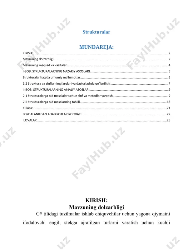 odni osonlashtiradi. strukturalar odatda c# kodi c yoki c++ kabi boshqa tillarda yozilgan kod bilan o'zaro aloqada bo'lgan interop stsenariylarida ma'lumotlarni ko'rsatish uchun ishlatiladi. ular boshqariladigan va boshqarilmaydigan kodlar o'rtasida ma'lumotlarni oson marshalash imkonini beradi. strukturalardan bitta tushuncha yoki qiymatni qamrab oluvchi engil, semantik jihatdan mazmunli turlarni aniqlash uchun foydalanish mumkin. mavzuning maqsad va vazifalari c# tilida tuzilmalar tilning imkoniyatlarini oshiradigan aniq maqsadlar va imtiyozlarga ega bo'lgan asosiy dasturlash konstruktsiyasi bo'lib xizmat qiladi. tuzilmalarning mantiqiy asoslarini tushunish turli xil dasturlash kontekstlarida ularning ahamiyatini yoritadi. strukturalar tegishli maydonlarni qamrab oluvchi engil ma'lumotlar konteynerlarini aniqlash vositalarini taqdim etadi. uyumni taqsimlash tufayli qo'shimcha xarajatlar kelib chiqadigan sinflardan farqli o'laroq, tuzilmalar stekga ajratilgan va xotira samaradorligi juda muhim bo'lgan stsenariylarga mos keladi. strukturalar qiymat semantikasini namoyish etadi, ya'ni ular argument sifatida berilganda yoki o'zgaruvchilarga tayinlanganda ko'chiriladi. bu xatti-harakatlar oldindan aytib bo'ladigan xatti-harakatni ta'minlaydi va istalmagan nojo'ya ta'sirlarni oldini oladi, ayniqsa o'zgaruvchan holatni nazorat qilish …