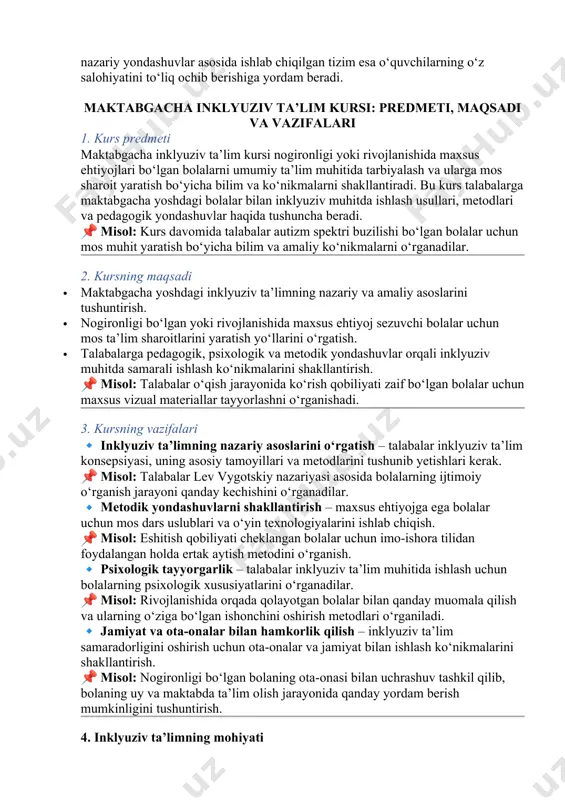 llari va metodlarini tushunib yetishlari kerak. 📌 misol: talabalar lev vygotskiy nazariyasi asosida bolalarning ijtimoiy o‘rganish jarayoni qanday kechishini o‘rganadilar. 🔹 metodik yondashuvlarni shakllantirish – maxsus ehtiyojga ega bolalar uchun mos dars uslublari va o‘yin texnologiyalarini ishlab chiqish. 📌 misol: eshitish qobiliyati cheklangan bolalar uchun imo-ishora tilidan foydalangan holda ertak aytish metodini o‘rganish. 🔹 psixologik tayyorgarlik – talabalar inklyuziv ta’lim muhitida ishlash uchun bolalarning psixologik xususiyatlarini o‘rganadilar. 📌 misol: rivojlanishida orqada qolayotgan bolalar bilan qanday muomala qilish va ularning o‘ziga bo‘lgan ishonchini oshirish metodlari o‘rganiladi. 🔹 jamiyat va ota-onalar bilan hamkorlik qilish – inklyuziv ta’lim samaradorligini oshirish uchun ota-onalar va jamiyat bilan ishlash ko‘nikmalarini shakllantirish. 📌 misol: nogironligi bo‘lgan bolaning ota-onasi bilan uchrashuv tashkil qilib, bolaning uy va maktabda ta’lim olish jarayonida qanday yordam berish mumkinligini tushuntirish. 4. inklyuziv ta’limning mohiyati inklyuziv ta’lim – bu barcha bolalarning ta’lim olish huquqini ta’minlaydigan pedagogik yondashuv bo‘lib, maxsus ehtiyojga ega bo‘lgan bolalar bilan …