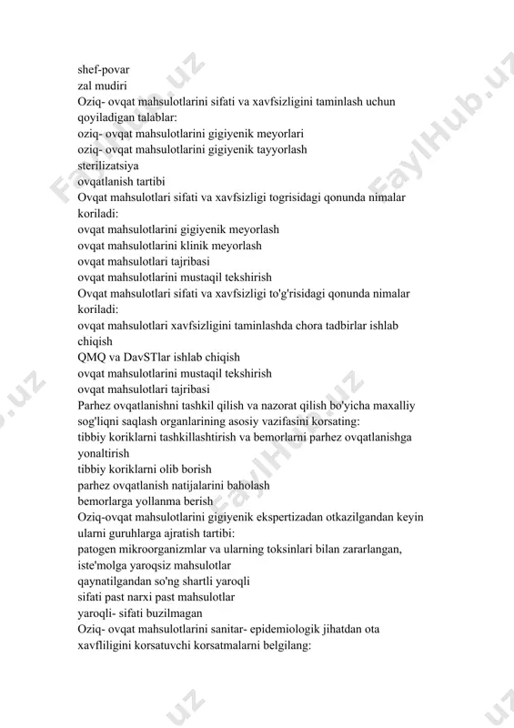 iologiya korsatkichlar boyicha gigiyenik korsatkichlar boyicha dsenm oliy organlari korsatmalarisiz oliy majlis topshirigi ga binoan oziqovqat maxsulotlari san ekspirtizasi sxemasida qayd qilish qismida nimalar korsatiladi.: maxsulot haqida umumiy malumotlar ekspertiza kim tomonidan otkazilganligi ekspertiza kim ishtirokida otkazilganligi qanday maqsad bilan òtkazilganligi oziq ovqat korxonalari qurilishi uchun yer tanlashdagi giyenik talablar: 500 m gacha sxm sanitar himoya zonasi 10 100 m kengligi yer osti suvlari 0,1 m yomgir suvlarining oqib ketishi uchun relefning tekis emasligi ovqat maxsulotlarini kulinar qayta ishlanganda asosan quyidagilar talab etiladi: tola zararsizlantirish va kam ifloslanishi ovqat sifatini qisman saqlash kop ifloslanishi qisman zararsizlantirish umumiy ovqatlanish korxonalari osn o’tkazishda foydalaniladigan qonuniy xujjat: 42123577791 441687878091 142123577791 250981568791 oziq ovqat kontsentratlari osn o’tkazishda foydalanaladigan qonuniy xujjat: 140876 441687 118574 783371 oziqovqat ishlab chiqarish korxonasi shahar yaqinidagi chiqindi yig’ish joyidan qancha uzoqlikda qurilishi lozim: 1 km 50 km 1,5 km 10 km oziqovqat korxonalari qurish uchun noqulay bo’lgan joy relfini ko’rsating: …