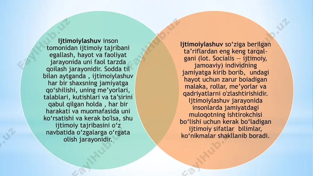 port)dir. psixologik-pedagogik tadqiqotlar jarayonida turli yosh davrlariga turli faoliyat turlari mos kelishi aniqlangan. bolaning me’yorida rivojlanishining eng muhim shartlaridan biri bu muomala. muomala va faoliyatning yetakchi turlariga nisbatan quyidagi yosh davrlari qo’llaniladi: -go’daklik davri-bevosita hissiy-ruhiy; -go’daklikdan keyingi davr-predmetli faoliyat; -maktabgacha davr-rolli o’yinlar; -ilk maktab davri-o’quv faoliyati; - o’smirlik davri-kasb ta’limi faoliyati; -o’spirinlik davri-shaxsiy muloqot faoliyati. e’tiboringiz uchun rahmat. /docprops/thumbnail.jpeg