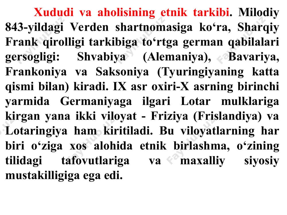 g xo‘jayinlariga aylanib, graflik xuquqlarini qo‘lga kiritardilar. davlat boshqaruv tizimi tobora vassal-len qaramligi, ya’ni feodallar o‘rtasdagi munosabatlar ierarxiya tusini oladi. qirol umumdavlat miqyosidagi xokimiyatini yo‘qotib, oliy syuzerenga aylana boradi. shunga qaramasdan germaniyada len tizimi xii asrning ikkinchi yarmidagina uzil-kesil shakllanib bo‘ladi. bu yerda u o‘zining markazlashgan xususiyatini saqlagan; har bir yer egasi o‘z senoriga xizmat kilishidan tashqari, qirolga ham harbiy xizmat o‘tashi majburiy edi. ommaj marosimi. ommaj (fransuzcha hommage), — g‘arbiy evropada, xususan germaniyada o‘rta asrlarda vassal shartnomasini tuzishda amalga oshirilgan feodal davr rasmiy marosimlardan biri bo‘lib, bo‘lg‘usi vassal, bosh yalang, qurolsiz holda, oyog‘ini bitta tizzasi bilan cho‘kib(faqat qullar va qaram dehqonlar ikki oyog‘i bilan tiz cho‘kishgan), ikkala qo‘lini kaftlarini syuzeren(gersog)ni qo‘llariga qo‘yib, o‘zini vassallikka qabul qilishini so‘rab, iltimos bilan murojaat qilganida syuzeren uni o‘rnidan ko‘targan. keyinchalik esa ommaj va fua marosimlari vaqtida vassalga senor tomonidan investitura ya’ni yer-mulk (len) beriladigan bo‘ldi. ritsarlar harbiy yurishda. belgiyaning gent shahridagi avliyo bavon …