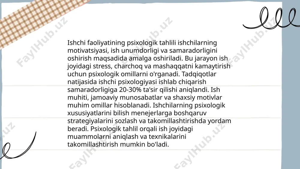 stressli vazifalar diqqat tarangligini oshirib, samaradorlikni pasaytirishi mumkin. motivatsiya esa mehnat unumdorligini 20-30% ga oshirishi mumkin. diqqatni boshqarish uchun 50-90 daqiqalik ishlash vaqtidan keyin 5-10 daqiqalik tanaffuslar tavsiya etiladi. yuklama vaqti 8 soatdan oshmasligi kerak, chunki uzoq vaqt davomida ishlash mehnat samaradorligini 15-25% ga kamaytirishi mumkin. ... t.me/slaydai_bot 9. kasbga moslik va psixologik tayyorgarlik kasb tanlash jarayonida muhim ahamiyatga ega bo'lgan omillardandir. kasbga moslik, insonning qobiliyatlari, qiziqishlari va shaxsiyati bilan tanlangan kasbning talablari orasidagi muvofiqlikni ifodalaydi. statistikalarga ko'ra, noto'g'ri kasb tanlovining taxminan 60-70% holatlarda kasbiy qarorlar qabul qilinishida psixologik tayyorgarlik yetishmasligini ko'rsatadi. psixologik tayyorgarlik, shaxsning stressga chidamliligi, moslashuvchanligi va o'zini anglash darajasi bilan bog'liq. kasbiy tayyorgarlik davomida mablag', vaqt va energiya tejash uchun to'g'ri tanlov qilish juda muhimdir. psixologlar kasbga moslik va psixologik tayyorgarlikni baholashda testlar va mashg'ulotlardan foydalanadilar. ... t.me/slaydai_bot mоshnat prоduktivligini оshirishda psixоlоgiyaning rоli katta. psixоlоgik оmillar, xizmatchilarning motivatsiyasi va kayfiyatini nângraviy tahlil еtaning muvaffakityatiga ta'sir etadi. mujtamahalarni …
