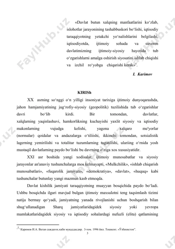 , milliy huquqiy tizimda bir xil normalarni qo‘llashga olib keladi. bu chet el modellarini, shakllarini o‘rganishni taqozo etadi. bunday o‘rganish har bir mamlakatning aniq-tarixiy sharoitidan kelib chiqishi lozim. shu kabi omillar davlat va huquqning rivojlanishiga muhim ta'sir ko‘rsatadi. shu bilan birga, davlat va huquqiy tizimlarning yaqinlashuvi ular o‘z xususiyatlari va an'analarni yo‘qotadi, degani emas. 1. davlatning mohiyati tushunchasi davlat — siyosiy hokimiyat tashkiloti bo‘lib, muayyan hududda turli sinfiy, umuminsoniy, diniy, milliy va boshqa manfaatlarni amalga oshirishga ko‘maklashadi. "davlat nima?" degan savol davlat va huquq nazariyasining eng asosiy masalalaridan biridir. huquqiy adabiyotlarda bu savolga javob berishda yagona nuqtai nazar yo‘q. chunonchi, sovet huquqshunosligida davlatning mohiyati sinfiy nuqtai-nazardan cheklanmagan hokimiyat, hukmron sinf diktaturasi ma'nosida talqin qilinar edi. g‘arbiy huquqiy nazariyalarda esa, davlat butun jamiyat manfaatlarini ifoda etadigan sinfiy, ijtimoiy ziddiyatlarni murosaga keltiradigan sinflar ustidagi tuzilma, qurol deb ta'riflanadi. davlatning mohiyati uning faoliyatining mazmunini tashkil etadi. davlatni uning faoliyati bilan aralashtirmaslik kerak. davlat …