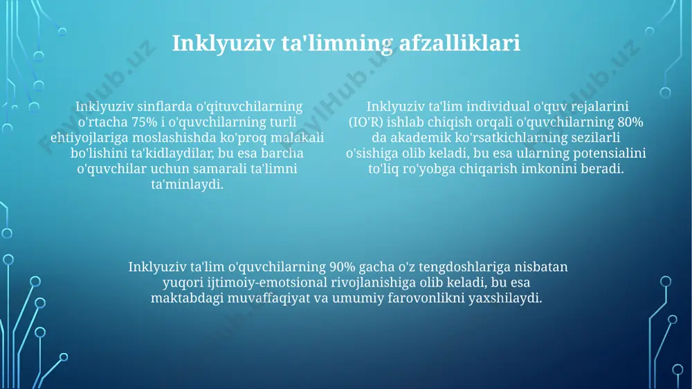 lim va ko'nikmalarini cheklaydi va samaradorlikni pasaytiradi. moliyaviy resurslarning yetishmasligi, shu jumladan, inklyuziv ta'limni qo'llab-quvvatlash uchun zarur bo'lgan texnologiyalar va infratuzilmani rivojlantirishga ajratilgan mablag'larning atigi 15% ni tashkil etishi katta muammo hisoblanadi. inklyuziv ta'limda baholash usullari portfel baholash usuli inklyuziv ta'limda 10% dan 30% gacha bo'lgan ballni tashkil etib, talabaning individual yutuqlarini, ijodini va o'z-o'zini baholash ko'nikmalarini aks ettiradi. inklyuziv ta'limda baholash, talabaning 3 ta asosiy sohasini – kognitiv, psixomotor va affektiv rivojlanishini, 5 ball shkalasi yordamida o'lchashni o'z ichiga oladi. kuzatuv va intervyu usullari inklyuziv sinflarda talabalarning 20% gacha bo'lgan ballini aniqlashda qo'llanilib, ularning ijtimoiy munosabatlarini, muloqot ko'nikmalarini va xulq-atvorini baholash imkonini beradi. inklyuziv ta'limning samaradorligini o'rganish 80% dan ortiq o'qituvchilar inklyuziv ta'lim strategiyasini qo'llaganidan keyin o'quvchilarning darsga bo'lgan qiziqishining ortganini va xulq-atvor muammolari sonining kamayganini ta'kidlaydi. inklyuziv ta'lim qo'llaniladigan sinflarda o'quvchilarning o'rtacha o'zlashtirish ko'rsatkichlari 15-20% ga oshganligini ko'rsatuvchi tadqiqotlar mavjud. bu, inklyuziyaning samaradorligini tasdiqlaydi. inklyuziv ta'limning samaradorligini baholashda, …