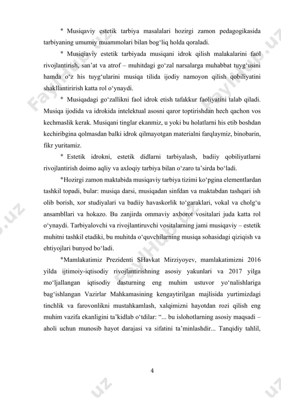 teatr va sanoatning boshqa turlariga qiziqishlarini oshirishga, istedodini yuzaga chiqarishga xizmat qiladi. ikkinchi tashabbus-yoshlarni jismoniy chiniqtirish, ularning sport sohasida qobilyatini namoyon qilish uchun zarur sharoitlar yaratishga yo‘naltirilgan. uchinchi tashabbus-aholi va yoshlar o‘rtasida kompyuter texnologiyalari va internetdan samarali foydalanishni tashkil etishga qaratilgan. to‘rtinchi tashabbus-yoshlar maonaviyatini yuksaltirish,ularni o‘rtasida kitobxonlikni keng targ‘ib qilish bo‘yicha tizimli ishlar tashkil etishga yo‘naltirilgan. beshinchi tashabbus -xotin-qizlarni ish bilan ta’minlash masalalari nazarda tutilgan. musiqa ayrim kishilar aytganidek dam olish, hordiq chiqarish vositasi emas. sanoat bu insonda fikr uyg‘otuvchi, his – hayajonlarini bir maqsad tomon yo‘naltiruvchi, kishilarni yaxshi ulug‘vor ishga safarbar etuvchi, ona –vatanimizni so‘z va ohanglarda tarannum etib yoshlarda vatan tuyg‘usini uyg‘otuvchi, uni o‘stiruvchi ajoyib – g‘aroyib mo‘jiza! buyuk betxoven musiqani donishmandlik va falsafadan yuksakroq dil izhori – degani bejiz emas. sharq allomalaridan biri sanalmish al – kindiyning tib ilmida qilgan katta xizmati shuki, - degan edi taniqli shifokor – olim z.egamberdiev, - u musiqa bilan tabobatni o‘zaro …