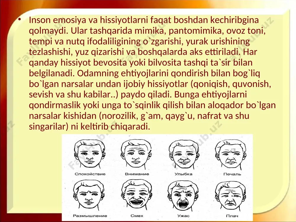 shu bilan birga uzoq vaqt davom etadigan, qandaydir bir qiziqish, intilish va faoliyat bilan bog`liq bo`lgan barqaror his-tuyg`ulardir. masalan, kishi fan, musiqa, sportga havas quyishi mumkin. kishilarda ularning psixik va jismoniy holatiga yomon ta`sir ko`rsatadigan havaslar ham bo`ladi. ular orasida ichkilikbozlikka, narkotiklarga (giyohvandlikka), qimor o`yinlariga hirs qo`yishni ko`rsatish mumkin. agar kishi o`zida ana shu havaslarni engish uchun iroda kuchini topa olmasa, ular uning sog`ligiga zarar etkazadi va hatto halokatga ham olib borishi mumkin. ayrim havaslar ancha barqaror bo`lib, uzoq davom etadi va kishini hayajonlantirib, nisbatan osoyishta o`tadi. lekin shunday his-tuyg`ular ham borki, ular kimda paydo bo`lmasa, uni ayniqsa, kuchli va chuqur larzaga keltiradi. psixologiyadagi bunday emosional holatlarni stressli (zo`r berish) holatlar deb atash qabul qilingan. stress - odamni kuchli, chuqur larzaga keltiradigan his-tuyg`ular oqibatidagi emosional holat. ular kuchli psixik zur berishlarda: xavf - xatar vaqtida, ortiqcha jismoniy va aqliy mehnat qilishda, faoliyatning juda qiyin va mas`uliyatli damlarida vujudga keladi. frustrasiya …