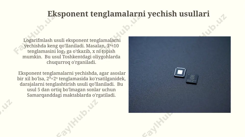 chimlar sonini aniqlash va ularning taxminiy qiymatlarini topish mumkin. eksponent va logarifmik tenglamalar sistemalarini yechishda, masalan, 2x + log₂(x) = 5 tenglama va 3y – ln(y) = 7 tenglamaga ega bo'lgan tizimni samarqanddagi olimlar 19-asrda o'rgangan va uning yechimini taxminiy usullar yordamida topishgan. tenglamalar tizimlarining yechimlarini tekshirish farg'ona viloyatidagi o'quvchilar, logarifmik tenglamalar tizimining yechimini tekshirishda, masalan, log₂x + log₂y = 3 va xy = 8 tizimining (4,2) yechimini tenglamalarda x va y o'rniga qo'yib, natijani 3 va 8 ga tengligini tekshirishlari lozim. tenglamalar tizimining yechimini tekshirishda, masalan, 2x + 3y = 7 va x - y = 1 tizimining (2,1) yechimini samarqanddagi o'quvchilar 2(2) + 3(1) = 7 va 2 - 1 = 1 tenglamalariga qo'yib tekshirishlari mumkin. tenglamalar tizimlarini yechishda qo'shimcha shartlar tizimning yechimi butun sonlar to'plamida topilsa, masalan, x va y butun sonlar bo'lib, ularning yig'indisi 5 dan kichik bo'lishi kerak, farg'ona viloyatining matematika olimpiadasida bunday misol berilgan …