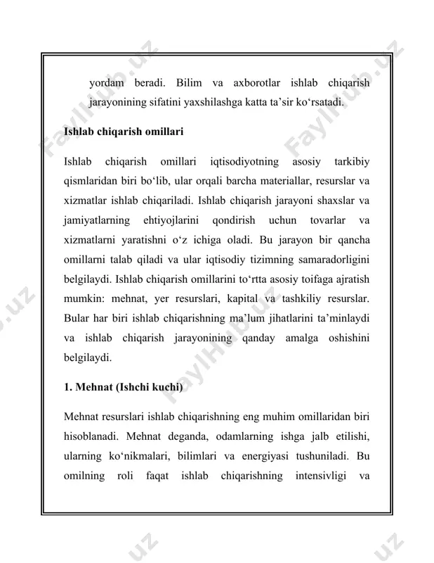 lar kiradi: · moliyaviy kapital: pul mablag‘lari, kreditlar, investitsiyalar. · fizikaviy kapital: zavodlar, asbob-uskunalar, transport vositalari, infratuzilma. · intelektual kapital: yangi bilimlar, texnologiyalar, ixtirolar, loyiha va boshqaruv tizimlari. kapital va ishlab chiqarish samaradorligi kapital ishlab chiqarish jarayonining samaradorligini oshiradi. yaxshi asbob-uskunalar va zamonaviy texnologiyalar yordamida ishlab chiqarish jarayonining samaradorligini oshirish mumkin. yangi texnologiyalar ishlab chiqarishni yanada samarali va arzon qilishga imkon beradi. masalan, kompyuter texnologiyalarining rivojlanishi ishlab chiqarishning turli sohalarida yangi imkoniyatlar yaratdi. kapitalni samarali ishlatish ishlab chiqarish jarayonining tezligini va sifatini yaxshilaydi. kapitalga investitsiya qilish orqali ishlab chiqarish resurslarini yangilash, yangi mahsulotlar yaratish va xizmatlar taqdim etish mumkin. kapitalning hajmi va sifati ishlab chiqarishning o‘sish sur’atlarini belgilaydi. kapital va investitsiya kapitalga investitsiya qilish o‘sishning asosiy manbalaridan biri hisoblanadi. kapitalga investitsiya qilish orqali ishlab chiqarish resurslarini yangilash va kengaytirish mumkin. investitsiyalar ishlab chiqarish jarayonini modernizatsiya qilish, yangi texnologiyalarni joriy etish va bozor ehtiyojlariga mos mahsulotlar ishlab chiqarishni osonlashtiradi. 4. tashkiliy …