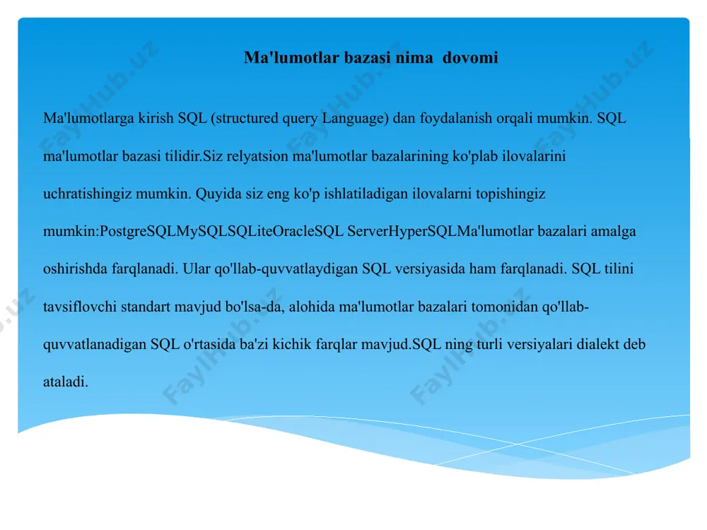 amalga oshiriladi: • jadval - ma'lum bir ob'ekt uchun ma'lumotlar bazasi yozuvlari to'plami; • ustun - jadval atributlaridan birining qiymatlarini o'z ichiga olgan jadval elementi; • birlamchi kalit (rk) - jadval qatorini yagona identifikatsiya qiluvchi atribut; • tashqi kalit (fk) - bir jadvalning boshqa jadvalning asosiy kaliti sifatida ishlatilishi mumkin bo'lgan bir yoki bir guruh atributlari; • majburiy munosabat - ikkita jadval o'rtasidagi munosabatlar, bunda bolalar jadvali faqat ota-ona bilan birga mavjud; • ixtiyoriy munosabat - jadvallarning har biri boshqasidan mustaqil ravishda mavjud bo'lishi mumkin bo'lgan jadvallar orasidagi munosabat; • view – oddiy jadvalning barcha xossalariga ega bo‘lgan, lekin ma’lumotlar bazasida doimiy saqlanmaydigan virtual jadval; • saqlangan protsedura - serverda bajariladigan ma'lumotlarni qayta ishlash funktsiyasi; • domen — jadval ustuni uchun haqiqiy qiymatlar toʻplami.shaklda. 12.14 ma'lumotlar bazasi modelining bir qismini ko'rsatadi - "bemor" (12.3-rasm, 12.6) va "minimal ma'lumotlar to'plami" (12.8-rasm) sinflariga mos keladigan ikkita jadval. ularning orasidagi bog'lanish majburiydir, chunki …