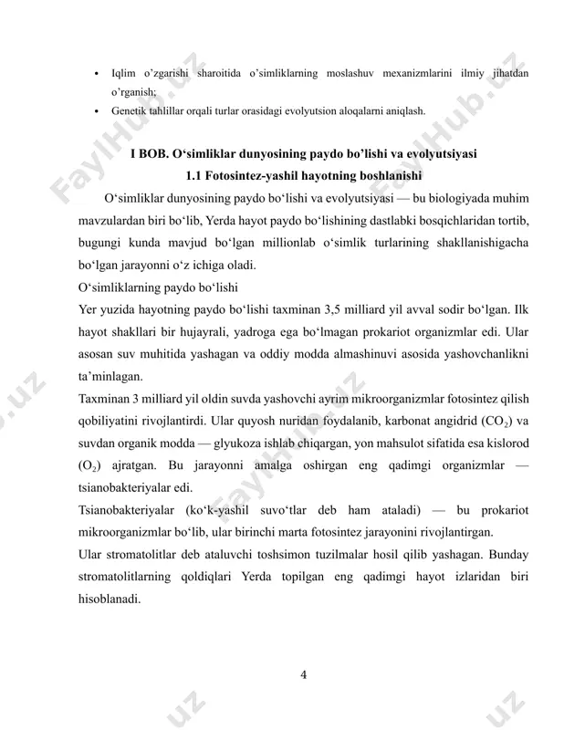 ruqlikdagi o‘simliklarning paydo bo‘lishi taxminan 470 million yil oldin o‘simliklar suvdan quruqlikka chiqishni boshlagan. bu evolyutsiyada katta qadam bo‘lgan: bryofitlar (moxlar) – suvga yaqin yashovchi dastlabki quruqlik o‘simliklari. ular ildiz, poya va barglarga o‘xshash tuzilmalarga ega bo‘lgan, lekin hali haqiqiy o‘tkazuvchi to‘qimalari yo‘q edi. tomirli o‘simliklar va urug‘larning paydo bo‘lishi tomirli (sukutli) o‘simliklar taxminan 420 million yil oldin paydo bo‘lgan: ildiz, poya, barglar va o‘tkazuvchi to‘qimalar (ksilem, floema) shakllangan. misol: paporotniksimonlar. urug‘li o‘simliklar: nagnaslli o‘simliklar (masalan, archa, qarag‘ay) — urug‘lari ochiq holda bo‘ladi. gulli o‘simliklar (yopiq urug‘lilar) — taxminan 130 million yil oldin paydo bo‘lgan. bugungi kunda ular eng keng tarqalgan o‘simliklar guruhidir. o‘simliklarning xilma-xillashuvi va ekologik moslashuvi turli iqlim va muhitga moslashgan o‘simlik turlari paydo bo‘ldi (cho‘l, tropik, tudra va boshqalar). changlanish, urug‘ tarqalishi, simbioz munosabatlar (masalan, qo‘ziqorinlar bilan) kabi moslashuvlar rivojlandi. 1-rasm. o‘simliklarning xilma-xillashuvi ii bob. o‘simliklar dunyosining xilma-xilligi 2.1. o’simliklar olamining umumiy tavsifi o‘simliklarning biologik xususiyatlari va …