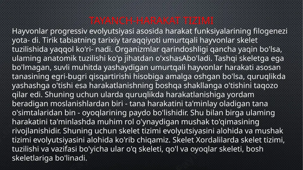 bosh miya qismlarinmg kurtagi hisoblanib, kelgusida oldingi pufakdan, oldingi va oraliq miya, o'rta pufakdan o'rta miya va orqa pufakdan miyacha hamda uzunchoq miya rivojlanadi. asab nayining keyingi qismidan umurtqa pog'onasi- mng kanalida joylashuvchi orqa miya shakllanadi. uzunchoq miya hech qanday chega- rasiz orqa miyaga ulanib ketgan bo'ladi jinsiy sistema reptiliyalar va sut emizuvchilarda volf kanalining kaudal qismidan buyrak va siydik yo'li hosil bo'ladi, erkaklarida esa urug' yo'li hosil bo'ladi. erkaklarida myuller kanali reduksiyaga uchraydi, urg'ochilarida esa undan bachadon va uning ortig'i hamda qin shakllanadi. tuxum quyuvchilar va xaltalilarda ikkitadan qin, bachadon va tuxum yo'llari bo'ladi, qolganlarida esa bittadan bo'ladi (tuxum yo'lidan tashqari). buyraklar nefronlardan tashkil topgan, ular ichki muhit suyuqligini filtrlaydi , shuning uchun qon aylanish tizimi bilan bog'liq bo'ladi. pronefros va mezanefros kapsulasi va kapilyarlar to'ri mavjud nefronlardan iborat bo'lib, selom bilan bog'liq bo'ladi, mezanefros esa bunday bog'lanishni yo'qotadi. evolyutsion jarayonda ayiruv kanallari suyuqlikning saqlash maqsadida uzunlashadi, shuningdek, genie …
