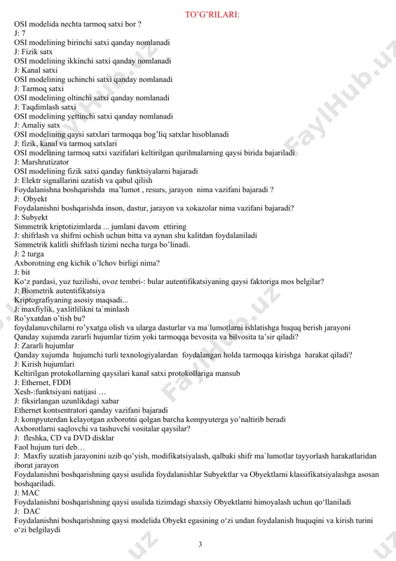 rayonini uzib qo’yish, modifikatsiyalash, qalbaki shifr ma`lumotlar tayyorlash harakatlaridan iborat jarayon foydalanishni boshqarishning qaysi usulida foydalanishlar subyektlar va obyektlarni klassifikatsiyalashga asosan boshqariladi. j: mac foydalanishni boshqarishning qaysi usulida tizimdagi shaxsiy obyektlarni himoyalash uchun qo‘llaniladi j: dac foydalanishni boshqarishning qaysi modelida obyekt egasining o‘zi undan foydalanish huquqini va kirish turini o‘zi belgilaydi j: dacfinternetda elektron pochta bilan ishlash uchun tcp/ipga asoslangan qaysi protokoldan foydalaniladi? foydalanishni boshqarishning qaysi usuli -: obyektlar va subyektlarning atributlari, ular bilan mumkin bo‘lgan amallar va so‘rovlarga mos keladigan muhit uchun qoidalarni tahlil qilish asosida foydalanishlarni boshqaradi. j: abac foydalanishni boshqarishning qaysi modelida har bir obyekt uchun har bir foydalanuvchini foydalanish ruxsatini belgilash o‘rniga, rol uchun obyektlardan foydalanish ruxsati ko‘rsatiladi? j: rbac to’rtta bir-:biri bilan bog’langan bog’lamlar strukturasi (kvadrat shaklida) qaysi topologiya turiga mansub j: xalqa yulduz to’liq bog’lanishli yacheykali qanday xujum asosiy hujumlarni oson amalga oshirish uchun tashkilot va tarmoq haqidagi axborotni to‘plashni maqsad qiladi? j: dns …