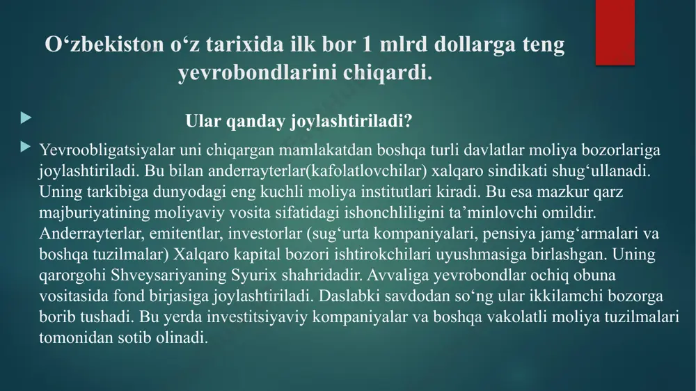 qdim qilinadi va bu hujjat o‘zbekiston haqida keng ko‘lamda, chuqur tahlil etilgan iqtisodiy-moliyaviy ko‘rsatkichlarni o‘z ichiga oladi. bundan tashqari, yevrobond uchun muhim bo‘lgan suveren reyting orqali o‘zbekistonning kredit qobiliyati to‘g‘risida dunyo tan olgan reyting agentliklari tomonidan berilgan mustaqil bahoga ega bo‘lishadi. shu o‘rinda marketing ham muhim ahamiyat kasb etadi. dunyoning moliya markazlari (london, nyu york, boston, los anjyeles, san fransisko, hong kong, singapur) bo‘ylab investorlar bilan yuqori darajadagi uchrashuvlar yoki «roudshou» ham yuzlab investorlarga o‘zbekiston haqida to‘g‘ridan-to‘g‘ri ma'lumotlar berish imkoniyatini beradi 13 fevral kuni o‘zbekiston moliyaviy tarixida yorqin sanalardan biriga aylandi. negaki o‘zbekiston mustaqil tarixida birinchi marta 5 yillik 500 million dollarlik yevrobondlarni 4,75 foiozdan, 10 yillik 500 million dollarlik yevrobondlarni esa 5,375 foizdan joylashtirdi. london fond birjasi ma’lumotiga kura, qarz obligatsiyalarini yopish muddati tegishincha 2024 va 2029 yillarning fevral oyi etib belgilandi. ammo o‘sha yevrobondlar nima va u o‘zbekistonga nega kerak edi? masalani yaxshi anglash uchun, dastlab, iqtisodiyotga kiritilgan …