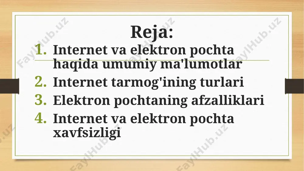 obal tarmoq (internet)global tarmoq — bu dunyo bo'ylab millionlab kompyuterlar, serverlar va boshqa qurilmalarni birlashtiruvchi eng keng tarqalgan va mashhur tarmoq turidir. internet orqali foydalanuvchilar bir-birlari bilan muloqot qilishlari, axborot almashishlari va xizmatlardan foydalanishlari mumkin.xususiyatlari:dunyo bo'ylab ulanish.ma'lumotlar va xizmatlarning global tarqatilishi.internetga ulanish imkoniyati har bir kishi yoki tashkilotga taqdim etiladi 2. intranet — bu faqat biror tashkilot yoki korxona ichidagi xodimlar va resurslar uchun mo'ljallangan maxsus tarmoqdir. intranet o'z ichiga tashkilot ichidagi ma'lumotlar, resurslar, xizmatlar va hujjatlarni olish imkonini beradi.xususiyatlari:faqat ma'lum bir tashkilotga tegishli.tashqi tarmoqlardan alohida bo'lib ishlaydi, xavfsizlikni ta'minlaydi.ichki resurslarga oson kirish va almashish imkoniyatini yaratadi. elektron pochta (email) bugungi kunda global kommunikatsiyaning muhim vositasiga aylangan. uning ko'plab afzalliklari mavjud:1. tezkor aloqaelektron pochta orqali xabarlarni deyarli darhol yuborish va qabul qilish mumkin. bu an'anaviy pochta xizmatlariga qaraganda tezroq aloqa o'rnatish imkonini beradi 2. xarajatlarni kamaytirishelektron pochta orqali xabar yuborish va qabul qilish bepul yoki juda arzon. bu, ayniqsa, masofaviy …