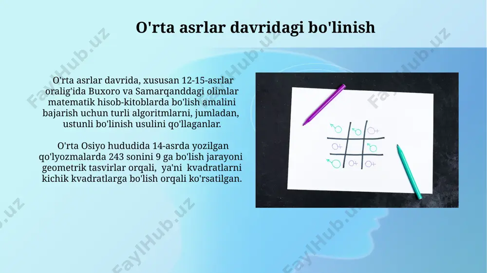 niqlashda, algebraik amallarni qo'llash orqali, matematik musobaqalarda, masalan, xorazm viloyatida o'tkazilgan olimpiadalarda muhim rol o'ynaydi. bo'linishning amaliy qo'llanilishi bo'linish belgilaridan foydalanib, 5000 ga yaqin turli xil misollarni 1-sinfdan 11-sinfgacha bo'lgan o'quvchilar tomonidan samarqanddagi oliy o'quv yurtlarida hal qilinadi. bo'linish belgilarining 20 dan ortiq turdagi matematik amallarni bajarishda, masalan, 12 sonini 3 ga bo'lishda, 4 natijasini olishda qo'llanilishi buxoro shahridagi maktablarda o'rgatilgan. qisqa bo'linish algoritmi qisqa bo'linish algoritmi, 2 raqamli bo'luvchilar uchun samarqanddagi maktablarda 4-sinfdan boshlab o'rgatiladi va murakkab misollarni soddalashtirish uchun qoldiqni hisoblashni o'z ichiga oladi. qisqa bo'linish algoritmining asosiy afzalligi, masalan, 9876 sonini 12 ga bo'lishda, katta sonlar bilan ishlashni soddalashtirib, tezroq natijaga erishish imkonini berishidir, natija 823 ga teng bo'ladi. qadimiy bo'linish usullari qadimgi bobilda, miloddan avvalgi 2000 yillarda, 60-lik sanoq sistemasidan foydalanib, murakkab bo'linish amallarini bajarish uchun maxsus usullar ishlab chiqilgan bo'lib, bu usullar katta raqamlar bilan ishlashni osonlashtirgan. buxoro va samarqand kabi o'rta osiyo shaharlarida 10-15-asrlarda …