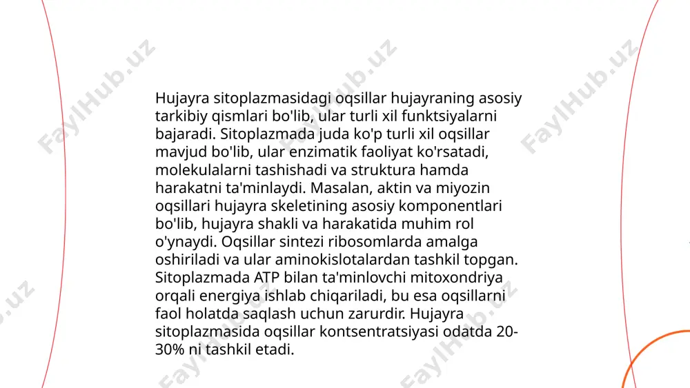 rol o'ynaydi, organizmni infektsiyalarga qarshi kurashishda qo‘llab-quvvatlaydi. hujayra sitoplazmasidagi oqsillar hujayra faoliyatini boshqarishda va unga strukturalik qo'llab-quvvatlashda katta rol o'ynaydi. ular turli xil funktsiyalarni bajaradi va hujayraning barcha jarayonlari uchun zarur hisoblanadi. oqsillar fermentlar sifatida ishlaydi, kimyoviy reaksiyalarni tezlashtiradi va hujayradagi metabolik jarayonlarni boshqaradi. ular energiya ishlab chiqarish, moddalarning sintezi va parchalanishiga yordam beradi. shuningdek, oqsillar hujayra ichidagi moddalar transportini boshqaradi. ular hujayra membranasi orqali molekulalarni tashish yoki sitoplazma ichida harakatlantirishga yordam beradi. sitoskeletdagi oqsillar hujayra shaklini saqlashga va uning harakatini qo'llab-quvvatlashga xizmat qiladi. signal uzatish jarayonlarida oqsillar muhim ahamiyatga ega. ular hujayra ichida signallarni uzatish va hujayra faoliyatini tartibga solish orqali hujayraning moslashuvchanligini va o'zgaruvchan muhitga javob berishini ta'minlaydi. bundan tashqari, oqsillar hujayra himoyasini ta'minlaydi, zararli moddalar va patogenlardan hujayrani himoya qilishda ishtirok etadi. immun tizimi oqsallari organizmni infektsiyalarga qarshi kurashish va himoya qilishda muhim rol o'ynaydi. ... t.me/slaydai_bot hujayra sitoplazmasidagi oqsillar hujayraning barcha asosiy jarayonlarida muhim rol o'ynaydi. …