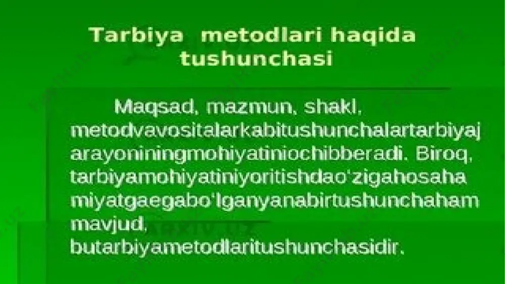 kishilar bilan qanday muomala qilishini, o‘z vazifalarini qanday bajarishini kuzatib yuradilar. . o‘quvchilar o‘zlariga yaqin kishilarning xulq-atvoriga taqlid qiladilar, xulq-atvorlar bolalarda yaxshi sifatlarning, ba’zan esa yomon sifatlaming ham tarkib topishiga ta’sir ko‘rsatadi. shuning uchun o‘qituvchi va ota-onalar har qanday holatda ham o‘zlarini tuta bilishlari kerak. ular qayerda bo'lishmasin, atroflarida bolalar borligini his etishlari lozim. o‘quvchilar o‘z ota-onalarining ishlab chiqarishdagi muvaffaqiyatlari bilan faxrlanadilar, ularga taqlid qilishga intiladilar. namunada xalq pedagogikasi g‘oyalaridan ham foydalaniladi. otaonalar o‘z farzandlarini hamisha katta hayotiy tajribaga ega, dunyoqarashi va bilim doirasi keng kishilardan ibrat olishga d a ’vat qilib kelganlar. masalan, “qush uyasida ko‘rganini qiladi”. juda oddiy xulosa. shu oddiy xulosa ostida qancha fikrlar jamlanib yotganligini hamisha ham fahmiga boravermaymiz. bu bilan xalq “uyingda tartibli bo‘l, aks holda bolang ko‘chada tartibsiz bo‘ladi”, “bola oldida birovlarning g‘iybatini qilma, bolang g‘iybatchi bo‘ladi”, demoqchi. o‘z -o‘zini tarbiyalash metodlari. o‘quvchida o‘z - o‘zini tarbiyalashga, ya’ni, o‘z ustida ongli, batartib ishlashga ehtiyoj …