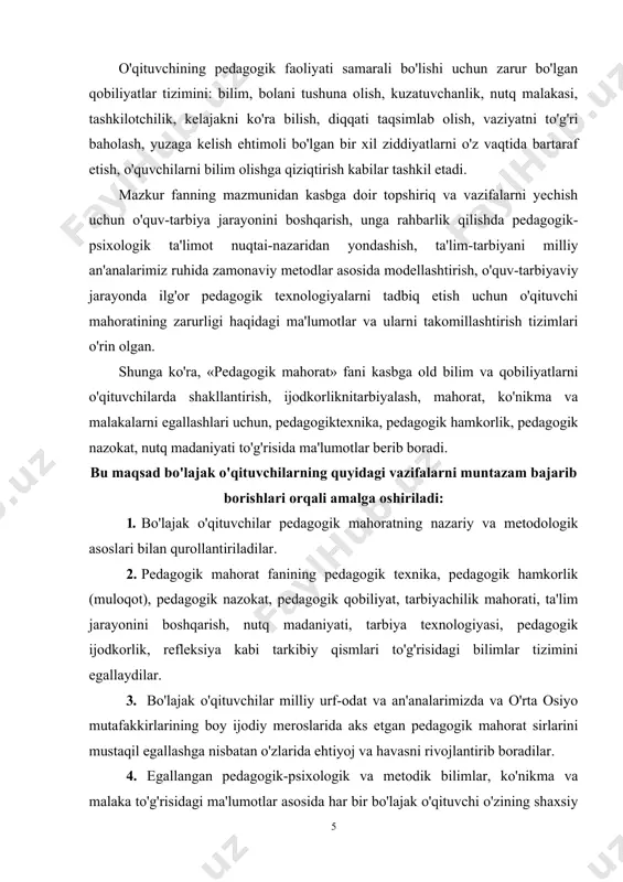 at va an'analarimizda va o'rta osiyo mutafakkirlarining boy ijodiy meroslarida aks etgan pedagogik mahorat sirlarini mustaqil egallashga nisbatan o'zlarida ehtiyoj va havasni rivojlantirib boradilar. 4. egallangan pedagogik-psixologik va metodik bilimlar, ko'nikma va malaka to'g'risidagi ma'lumotlar asosida har bir bo'lajak o'qituvchi o'zining shaxsiy pedagogik mahoratini shakllantiradi. 5. o'quv-tarbiyaviy jarayonni jahon andozalariga xos so'nggi zamonaviy metod va shakllar asosida tashkil etish va boshqarishni amalga oshirishning nazariy va amaliy asoslarini muntazam o'zlashtiradilar, 6. o'qituvchilar o'z kasbiy mahoratlarini takomillashtirishlari uchun shaxsiy-ijodiy malaka oshirishning shakl, usul va vositalarini egallaydilar. 7.tarbiyachi mahoratining mohiyati, funksiyasi, tuzilishi to'g'risida o'qituvchilar uzluksiz malumotlarni o'rganib boradilar. 8. yuksak zamonaviy axborot texnologiyalari va portal tizimidan erkin foydalanish asosida o' zkasbiy mahoratlarini shakl lantiradilar. bu maqsad va vazifalaraing hal etishi o'qituvchilar va tarbiyachilarni zamon bilan hamnafas bo'lishga, yoshlarni tarbiyalash dardi bilan yashash va kelajakni aniq ko'ra olishga o'rgatadi. har bir o'qituvchi shaxsida mamlakatimizning dolzarb muammolarini, maqsad va vazifalarini vijdonan tasavvur qilib, aniq bajarib …