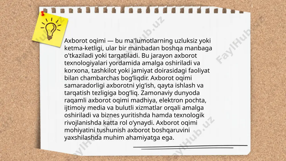 avlat organlari va boshqa tashkilotlardan, o‘zbekiston respublikasi qonun hujjatlarida belgilangan tartibda, axborot olish huquqiga ega ekanligi ta'kidlangan. "davlat hokimiyati va boshqaruvi organlari faoliyatining ochiqligi to‘g‘risida"gi qonun esa davlat organlarining majburiyatlarini va axborot olish tartibini belgilaydi. fuqarolar davlat va jamiyat manfaatlarini, shuningdek, shaxsga doir ma'lumotlarni o‘z vaqtida va to‘g‘ri olishlari uchun yaratilgan sharoitlar orqali o‘zlari xabardor bo‘lishga intilishlari kerak. ... t.me/slaydai_bot axborot etikasi zamonaviy jamiyatda axborot texnologiyalari va internetdan foydalanishda asosiy tamoyillarni belgilaydi. bu etik quyidagilarni o'z ichiga oladi: shaxsiy ma'lumotlarning maxfiyligini himoya qilish, mualliflik huquqlariga rioya qilish va axborot tarqatishda halollik. internet foydalanuvchilarining 80% dan ortig'i shaxsiy ma'lumotlarining xavfsizligini muhim deb biladi. o'zbekistonda 2021 yilda 27 milliondan ortiq internet foydalanuvchisi mavjud bo'lib, axborot etikasi tamoyillariga amal qilish tobora muhim ahamiyat kasb etmoqda. bu sohadagi o'quv materiallari va treninglar axborot oqimida axloqiy me'yorlarga rioya qilishni rag'batlantirishga xizmat qiladi. ... t.me/slaydai_bot axborot va jamiyat mavzusi axborot texnologiyalari va jamiyatdagi o'zgarishlarni o'rganadi. oksford …