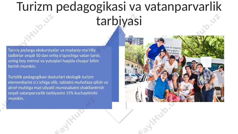 % ga yaqin o'quvchilarning milliy g'ururini kuchaytirish va ularning vatanga bo'lgan sadoqatni oshirish mumkin. zamonaviy turizm texnologiyalari va vatanparvarlik tarbiyasi turizm sohasidagi professional 10 dan ortiq mutaxassislar bilan uchrashuvlar va master-klasslar orqali o'quvchilar o'z mamlakatining iqtisodiyot va turizm sektoriga hissa qo'shish imkoniyatlarini ko'rib, vatanparvarlik tuyg'ularini mustahkamlashlari mumkin. zamonaviy turizm texnologiyalari, jumladan, 360° virtual sayohatlar va kengaytirilgan haqiqat (ar) ilovalari orqali yoshlarda ona yurtining boy tarixi va madaniy merosini chuqurroq anglashni shakllantirishga yordam beradi. turizm va yoshlarda vatanparvarlik tuyg'usini uyg'otish interaktiv turizm uslublari, masalan, kvestlar va milliy o'yinlar, yoshlarning faol ishtirokini ta'minlab, vatanparvarlik his-tuyg'ularini rivojlantirishga ijobiy ta'sir ko'rsatadi. turistlik pedagogikasi yordamida 15 yoshdan 25 yoshgacha bo'lgan yoshlar o'rtasida milliy madaniyatimizga bo'lgan hurmat va vatanimizga muhabbatni 2 barobar oshirish mumkin. o'zbekistonning tabiiy go'zalliklarini o'rganish orqali vatanparvarlikni oshirish o'zbekistonning 5 ta milliy bog'ining noyob landshaftlarini o'rganish, 100 dan ortiq turdagi o'simlik va hayvonot dunyosini bilib olish orqali yurtimizga bo'lgan mehr-muhabbatni kuchaytiradi. tarixiy obidalar, …