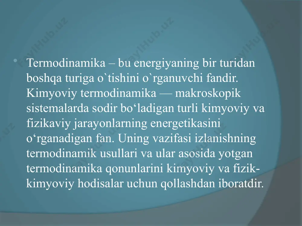 emalar tabiatiga ko‘ra quyidagilarga bo‘linadi: ochiq sistema —bunday sistemalar tashqi muhit bilan modda va energiya almashinuvi holatida bo‘ladi. ko‘p yillar davomida «termodinamikaning ikkinchi qonuni biologik sistemalarga, ularda sodir bo‘layotgan jarayonlarni talkin etish va o‘rganishga qo‘llab bo‘lmaydi» degan tushuncha saqlanib keldi. ammo, biologik sistemalarda vaqt o‘tishi bilan ish bajarish qobiliyati kamaymaydi — organizm o‘z ish bajarish (yashash) qobiliyatini yillar davomida saqlab qoladi. masalan, 70 kg vaznli odam organizmida har 24 soatda 8000 kj energiya hosil bo‘ladi va shuncha energiya atrof-muhitga tarqaydi. ammo shu vaqt ichida sog‘lom organizm massasida, uning tuzilishi va tarkibida aytarli darajadagi biron o‘zgarish hollari kuzatilmaydi. statsionar holatidagi ochiq termodinamik sistema o‘z tabiatiga ko‘ra termodinamik muvozanat holatida turgan yopik sistemalarga o‘xshashdir: ularning o‘xshash jixati vaqt o‘tishi bilan sistema umum xossalari o‘zgarmasligidadir. bioenergetika va uning ilmiy asoslari tirik organizmdagi energiya transformatsiyasini (bir turdan ikkinchi turga o‘tishi, miqdor o‘zgarishlari va h.k.)o‘rganadigan fan bioenergetika deb ataladi. tirik organizm o‘z faoliyatini saqlab qolish …
