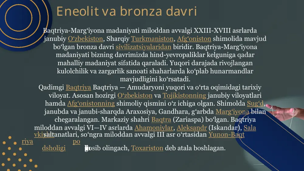 biri boʻlib, ikki asr mobaynida osiyoliklarning siyosiy, iqtisodiy, ijtimoiy va madaniy hayotiga katta taʼsir oʻtkazgan. bir saltanat tarkibida bir necha mamlakatlar, xalq va elatlarning birlashuvi turli madaniyatlarni oʻzaro yaqinlashtirdi, davr madaniyatlari baqtriya, yunon, sak va hind madaniyatlarini mujassamlashtirdi. kanishka i davrida kushon davlatiga buddizm kirib keladi va tez orada davlat diniga aylanadi. ammo shu bilan birga zardoʻshtiylik va boshqa dinlar ham oʻz kuchini yoʻqotmaydi. kushon davlati eramizning iii asri birinchi yarmining oxirida barham topdi. eftaliylar davlati eftaliylar (eftalitlar, eftallar, xaytallar, abdallar, yeda) — oʻrta osiyoning shimoli-sharqidan movarounnahrning ichki viloyatlariga kirib, milodiy v asr — vi asrlarda davlat barpo etgan qabila ittifoqi. kanadalik sinolog edvin pulliblank eftalitlarni, eroniyzabon xalqlar taʼsirida boʻlgan turkiy qabilalar deb hisoblagan. eftaliylar xioniylar (350 yil) va kidariylardan (380 yil) keyin oʻrta osiyoga koʻchishning uchinchi toʻlqinini tashkil etganligi odatda qabul qilingan. yaqinda oʻtkazilgan tadqiqotlar shuni koʻrsatadiki, buning oʻrniga milodiy 350-360 yillarda koʻchmanchilar koʻchib oʻtishning katta toʻlqini boʻlishi mumkin. …