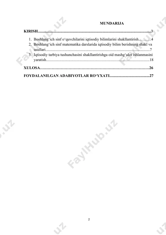 n, uyushgan (tashkil etilgan) pedagogik faoliyat, maxsus o‘ylangan ish sistemasidir[footnoteref:1]. [1: a.asimov, sh.jo‘raev, “boshlang‘ich ta’limda iqtisodiy tarbiya muammolari”, ilmiy maqolalar to‘plami, farg‘ona 2011 – yil;] uni amalga oshirish jarayonida o‘quvchilar tartibli va samarali iqtisodiyot haqida, ishlab chiqarish kuchlarini rivojlantirish to‘g'risida, ishlab chiqarish munosabatlari haqida, amaldagi xo‘jalik mexanizmi to‘g'risida tushuncha va tasawurlar majmuyini o‘zlashtirib oladilar. iqtisodiy tarbiya iqti­sodiy tafakkurning rivojlanishini iqtisodiy faoliyat natijasida hosil bo‘ladigan axloqiy va ishchanlik fazilatlarining, ijtimoiy faollikning, tadbirkorlikning, tashabbuskorlikning, ijtimoiy mulkka tejamkorlik bilan, halol munosabatning shakllanishini ta’minlaydi. o‘quvchilarda iqtisod borasida ijodiy fikr yuritishni shakllantirishda darslarda va darsdan tashqari mashg’ulotlardan unumli foydalanish lozim. iqtisodiy tarbiyaning asosiy maqsadiga bir qator vazifalarni hal etish natijasida erishish mumkin. bu vazifalarning asosiylari quyidagilardan iborat: -o‘quvchilarda iqtisodiy ongni izchillik bilan rivojlantirib borish; - oqilona ehtiyojlarni, ularni moddiy imkoniyatlar bilan taqqoslash qobiliyatini shakllantirish, - bolalarda o‘z ehtiyojlarini to‘laroq qondirishga bo‘lgan izlanishlarda mehnatga yo‘nalganlikni tarbiyalash; - kasb tanlashga ongli munosabatda bo‘lish, tejamkorlik, rejalilik, omilkorlik, ishchanlik, …