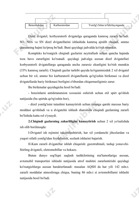 ishlashi natijasida hosil bo'ladi. avtomobilda atrof muhitni zararlantiruvchi 3 xil manbani ko'rish mumkin: chiqindi gazlar, karter gazlari va yonilg'i parlanishi natijasida hosil bo'ladigan zararli moddalar (yonilg'i bakidan, karburatordan va hokazo). 1971 yil 1 yanvardan joriy etilgan gost 16533-70 benzinli dvigatellarni ishlashi natijasida ajralib chiqadigan chiqindi gazlarning tarkibidagi so ni hajmini chegaralaydi. gost 21393-75 esa dizel dvigatellaridan chiqadigan gazlarni tu-tashini cheklaydi, 1980 yil gost 16533-70 o'rniga yangi davlat standarti 17.2.2.03-77 joriy qilindi, bu ham benzinli dvigatellarni chiqindi gazlaridagi so ni hajmini cheklaydi. bu standart benzinda ishlaydigan yuk tashuvchi avtomobillarga, yengil avtomobillarga va avtobuslarga ta'luqlidir. yangi gost ga asosan so ning hajmi hamma avtomobillar uchun 1,5% dan oshmasligi kerak va chiqindi gazlarning tarkibidagi so ni tekshirish, aholisi 300 mingdan oshiq, hamda poytaxt shaharlarda, kurortlarda 2-txk o'tkazilganda, avtomobilni ta'mirlashdan keyin, texnik qarov o'tkazilayotganda dan hodimlari tomonidan amalga oshiriladi. chiqindi gazlarni zararliligini tekshirilayotganda avtomobilni qo'zg'alishidan oldin dvigatelni ko'rsatmaga muvofiq qizdirish kerak. keyin esa dvigatelni …