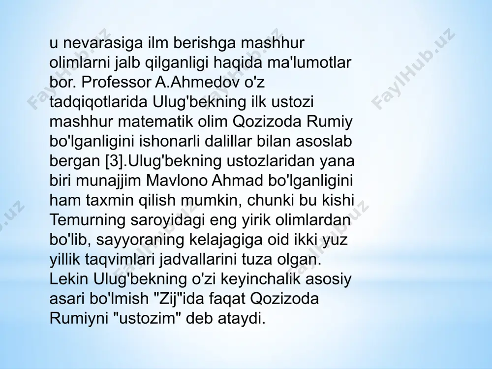 bosib o'tuvchi karvonlar ham ulug'bekning jadvallaridan vaqtni va geografik koordinatlarini aniqlashda foydalanmoqda. ulug'bek o'z atrofiga salohiyatli ilm ahlini to'play oldi. ularning boshini biriktirib, astronomiya, matematika, mantiq, tarix va falsafa fanlari bo'yicha yirik ilmiy maktab, hozirgi zamon tili bilan ifodalanganda akademiyaning faoliyatiga rahbarlik qildi. bu maktabda taniqli olimlar qozizoda rumiy,g'iyosiddin jamshid al-koshiy, ali qushchi o'z faoliyatlarini olib borganlar. shuningdek, bu maktabda amir temur davrida faoliyat olib borgan olimlarning falsafa, mantiq (ma'sud ibn umar taftazoniy /1330-1390/), tarix (sharafiddin ali yazdiy, ibn arabshoh), sosiologiya (ibn xaldun), geografiya va boshqa sohalarga oid ilmiy an'analar ham davom ettirilgan. bu maktab (akademiya) ulug'bekdan keyin ham bir qancha yillar davomida o'z faoliyatini davom ettirdi. etiboringiz uchun tashakkur! image1.png image2.png image3.png image4.png image5.png image6.png image7.png image8.png image9.png image10.png /docprops/thumbnail.jpeg