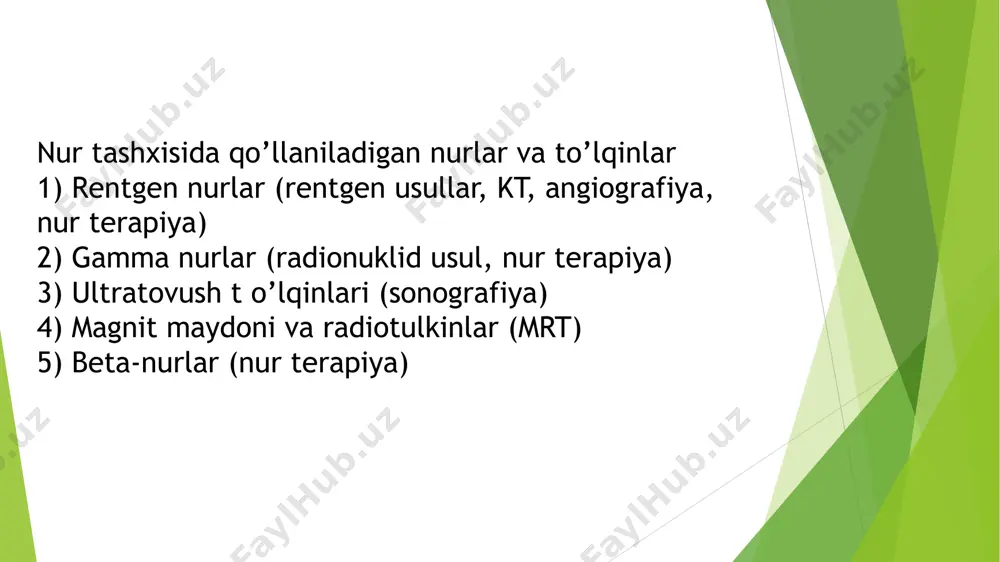 ko'rsatmalar: homiladorlik (yoki homiladorlikni rejalashtirayotgan ayollar). kontrast moddalariga sezuvchanlik. afzalliklari: yuqori aniqlikda ichki organlarning tasvirini olish. organlarning aniq holatini ko'rsatish. kamchiliklari: yuqori radiatsiya dozasi (ayniqsa, takroriy tekshiruvlarda). qimmat va murakkab usul. 6. spiral kompyuter tomografiyasi (skt) ta'rif: skt — bu kt usulining rivojlangan shakli bo'lib, spiral tarzda kesilgan tasvirlar olish imkonini beradi, bu esa tezroq va aniqroq natijalar beradi. ko'rsatmalar: ichki organlar va tomirlarni tekshirish. katta hajmdagi tutilgan joylar yoki patologiyalarni aniqlash. qarshi ko'rsatmalar: homiladorlik. agar bemor uzoq vaqt davomida radiatsiya olishga qarshi immunitetga ega bo'lsa. afzalliklari: yuqori tezlik va aniq natijalar. organlarning 3d tasvirlarini olish imkoniyati. kamchiliklari: ko'proq radiatsiya dozasiga olib kelishi mumkin. qimmat va maxsus texnik xizmatni talab qiladi. 7. ko'p qatlamli spiral kompyuter tomografiya (mskt) ta'rif: mskt — bu skt usulining yanada rivojlangan shakli bo'lib, bir nechta tasvirlarni bir vaqtning o'zida olish imkonini beradi va yanada yuqori aniqlikda natijalar beradi. ko'rsatmalar: kasalliklarni chuqur va keng ko'lamda tekshirish. …