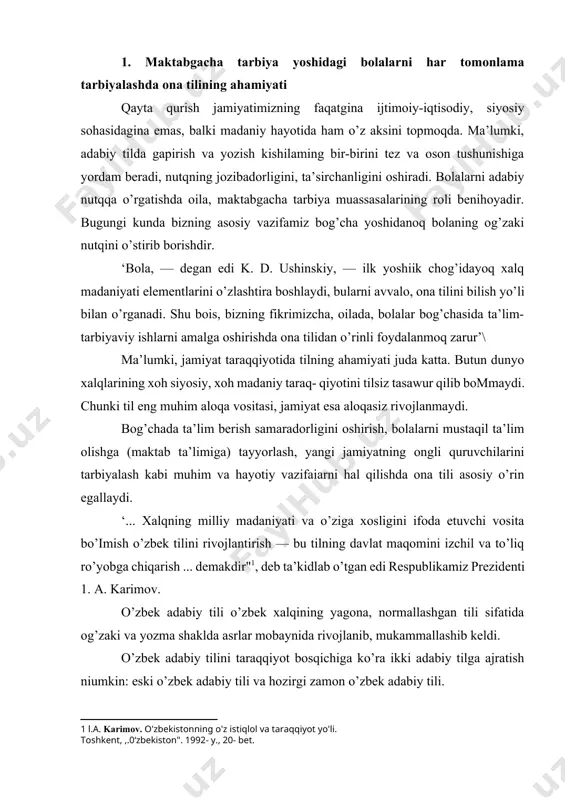 bek tilini rivojlantirish — bu tilning davlat maqomini izchil va to’liq ro’yobga chiqarish ... demakdir"[footnoteref:1], deb ta’kidlab o’tgan edi respublikamiz prezidenti 1. a. karimov. [1: l.a. karimov. o'zbekistonning o'z istiqlol va taraqqiyot yo'li. toshkent, ,.0‘zbekiston". 1992- y., 20- bet. ] o’zbek adabiy tili o’zbek xalqining yagona, normallashgan tili sifatida og’zaki va yozma shaklda asrlar mobaynida rivojlanib, mukammallashib keldi. o’zbek adabiy tilini taraqqiyot bosqichiga ko’ra ikki adabiy tilga ajratish niumkin: eski o’zbek adabiy tili va hozirgi zamon o’zbek adabiy tili. eski o’zbek adabiy tili o’zbek xalqining buyuk mutafakkiri navoiy asos solgan va keyinclialik muqimiy, furqat kabi demokrat slioirlar tomonidan rivojlantirilgan adabiy tildir. bu adabiy tilda yaratilgan yozma yodgorliklar o’zbek xalqi va uning tili taraqqiyot tarixini o’rganish uchun manba bo’lishi biian birga, hozirgi zamon o’zbek adabiy tili uchun ham asos bo’lgan. hozirgi zamon o’zbek adabiy tili eski o’zbek adabiy tilining davomi, yangi sharoitda o’zbek xalqining iqtisodiyoti va madaniyatining rivojlanishi asosida bar tomonlama …