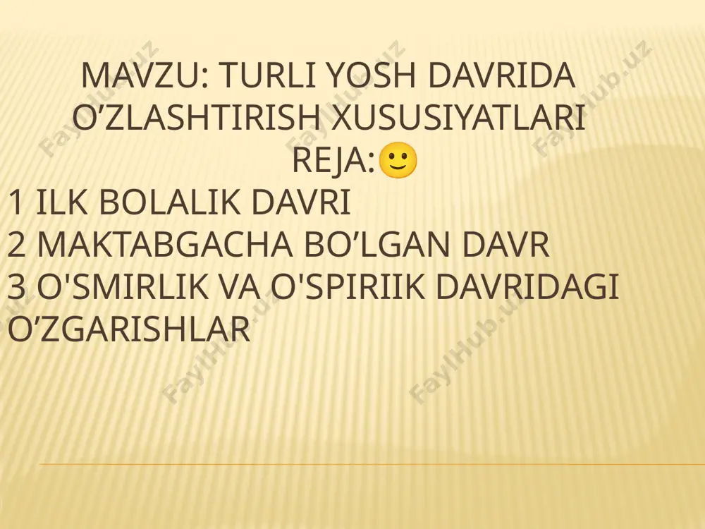 zgarishiga mos tarzda ro’y beradi. inson hayotining barcha davrini yaxlit tarzda qamrab olgan klassifikastiyalardan biri butun jahon olimlarining qaroriga ko’ra, 1965 yili fanlar akademiyasining maxsus simpoziumida qabul qilingan sxema hisoblanadi. u quyidagi 6 — jadvalda keltirilgan. u b.g. ananev, chet ellik olim birrenlar taklif etgan klassifikastiyaga yaqin bo’lib, umumlashtirilgan toifalashdir. yosh davrlari: erkaklarda ayollarda chaqaloqlik 1 – 10 kun 1 – 10 kun ilk bolalik 1 – 2 yosh 1 — 2 yosh bolalikning 1 — davri 3 – 7 yosh 3 — 7 yosh bolalikning 2 — davri 8 12 yosh 8 - 11 yosh o’smirlik davri 13 — 16 yosh 12 — 15 yosh o’spirinlik davri 17 — 21 yosh 16 — 20 yosh o’rta etuklik davri: birinchi bosqich 22 — 35 yosh 21 — 35 yosh ikkinchi bosqich 36 — 60 yosh 36 — 55 yosh keksalik davri 61 — 75 yosh 56 — 75 yosh qarilik …