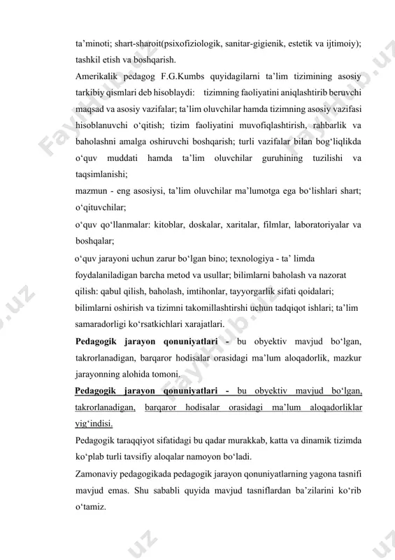 faoliyatini muvofiqlashtirish, rahbarlik va baholashni amalga oshiruvchi boshqarish; turli vazifalar bilan bog‘liqlikda o‘quv muddati hamda ta’lim oluvchilar guruhining tuzilishi va taqsimlanishi; mazmun - eng asosiysi, ta’lim oluvchilar ma’lumotga ega bo‘lishlari shart; o‘qituvchilar; o‘quv qo‘llanmalar: kitoblar, doskalar, xaritalar, filmlar, laboratoriyalar va boshqalar; o‘quv jarayoni uchun zarur bo‘lgan bino; texnologiya - ta’ limda foydalaniladigan barcha metod va usullar; bilimlarni baholash va nazorat qilish: qabul qilish, baholash, imtihonlar, tayyorgarlik sifati qoidalari; bilimlarni oshirish va tizimni takomillashtirshi uchun tadqiqot ishlari; ta’lim samaradorligi ko‘rsatkichlari xarajatlari. pedagogik jarayon qonuniyatlari - bu obyektiv mavjud bo‘lgan, takrorlanadigan, barqaror hodisalar orasidagi ma’lum aloqadorlik, mazkur jarayonning alohida tomoni. pedagogik jarayon qonuniyatlari - bu obyektiv mavjud bo‘lgan, takrorlanadigan, barqaror hodisalar orasidagi ma’lum aloqadorliklar yig‘indisi. pedagogik taraqqiyot sifatidagi bu qadar murakkab, katta va dinamik tizimda ko‘plab turli tavsifiy aloqalar namoyon bo‘ladi. zamonaviy pedagogikada pedagogik jarayon qonuniyatlarning yagona tasnifi mavjud emas. shu sababli quyida mavjud tasniflardan ba’zilarini ko‘rib o‘tamiz. i.p.podlasiy tasnifi bo‘yicha: tarbiya …