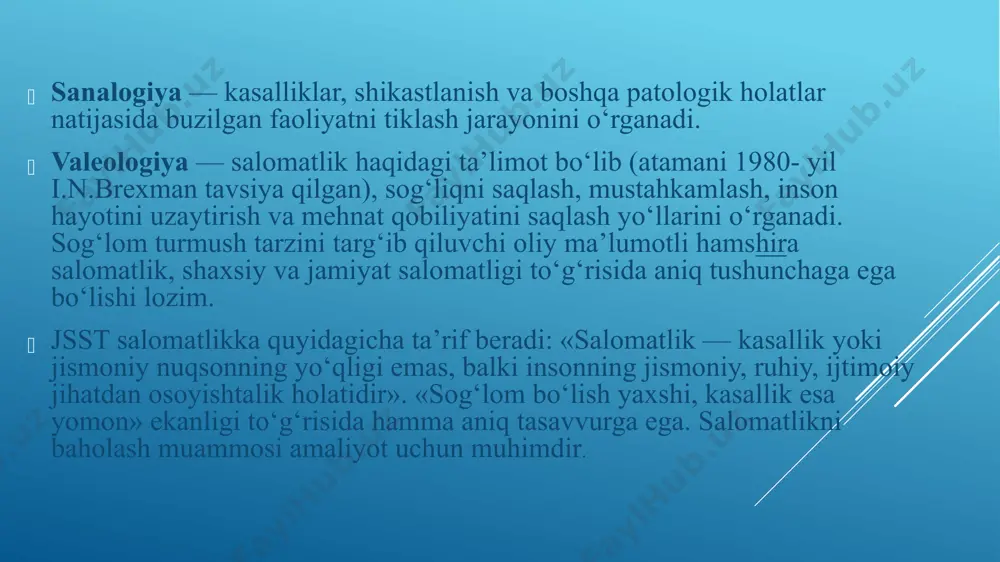 da o‘tkinchi davr hisob- lanadi. bu holatlarga tashxis qo‘yish uchun murakkab neyrofiziologik, biokimyoviy, gemotologik va boshqa tekshiruvlar o‘tkaziladi, bu tekshiruvlar maxsus laboratoriyalar va faoliyatni tashxislash xonalarida amalga oshiriladi. «nozologik holatlargacha» tashxis qo‘yishda subyektiv (so‘rab- surishtirish) va obyektiv ma’lumotlardan foydalaniladi. salomatlikni ta’minlashda organizm fiziologik tuzilishining funksional imkoniyatlari juda katta. demak, salomatlikni baholashda nafaqat tinch holatda, balki faol zo‘riqishda, ya’ni faol sinamalar o‘tkazish jarayonida ham tashxis qo‘yish lozim. tibbiyot hamshirasi jamiyat a’zolari salomatligini saqlashda, sog‘lom turmush tarzini targ‘ib qilishda «jamiyat salomatligi» tushun- chalaridan foydalanishi zarur. «jamiyat salomatligi»ni baholashni o‘rganishda tibbiyot xodimlari sotsial, tabiiy va biologik omillarni inobatga olishi lozim. tibbiyot hamshirasi aholi salomatligini ta’minlash borasidagi profilaktik ishlarni olib borishda uch guruh ko‘rsatkichlardan foydalanadi: demografik ko‘rsatkichlar; aholining jismoniy rivojlanganlik ko‘rsatkichlari; kasallanish, shikastlanish, nogironlik ko‘rsatkichlari. tibbiyot hamshirasi aholi orasida profilaktika ishlarini olib borishda ularga salomatlik mezoni va yo‘nalishini tushuntirishi lozim. chunki butun xalq salomatligining mezoni va yo‘nalishini ishlab chiqish g‘oyat katta, qiyin va mas’uliyatli …