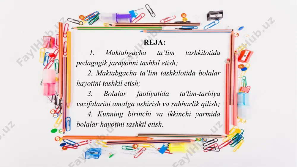 ya’ni mashg'ulotdan tashqari hamma vaqtda tashkil etilaveradi. imashg'ulotlarda va mashg'ulotdan tashqari vaqtda o'ynaladigan didaktikva harakatli o'yinlar muhim rol o'ynaydi. tarbiyachi bolalarning sensor rivojlanishini, aqliy tarbiyasini, bilish jarayonlarini didaktik o'yinlar orqali amalga oshiradi. harakatli o'yinlar ertalabki va kechki sayr soatlarida tashkil etilib, kuniga 1-2 marta butun guruh, yoki guruhcha bilan o'tkazilishi kerak. o'rta va katta guruhlarda turli xil sport o'yinlari o'tkazib turiladi. hamma o'yinlar uchun kun tartibidan vaqt ajratish va kerakli materiallar bilan ta'minlash tarbiyachining zimmasiga yuklatilgan. kun davomida bir necha marta: ertalabki qabul vaqtida, ertalabki va kechki sayrda bolalarning mustaqil faoliyatlari tashkil etiladi. bolalar o'zlariga tanish bo'lgan didaktik va harakatli o'yinlarni o'ynaydilar, xohlagan rasmlarini chizadilar, xohlagan narsalarini (plastilindan) yasaydilar, kitoblar, rasmlarni tomosha qiladilar, xohlagan badiiy asarlarini tinglaydilar. kun davomida sistemali ravishda mehnat faoliyati tashkil etilib, bolalar kattalarning mehnati bilan tanishtirib boriladi. bu ish mashg'ulotlarda, ekskursiyalarda, maqsadli sayrlarda, bolalarning kattalar bilan birgalikdagi mehnatida amalga oshiriladi. bolalarning ovqatlanishga, mashg'ulotga tayyorlanishlari, tabiat burchagida …