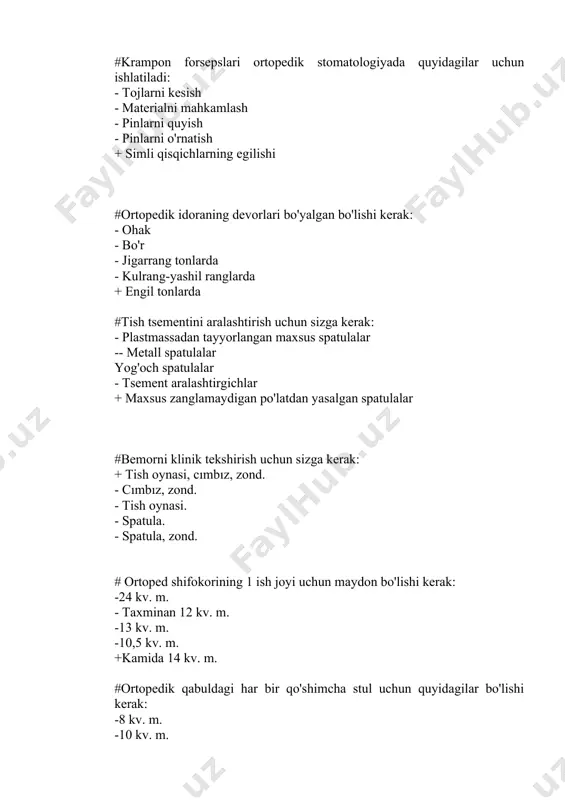 amida bo'lishi kerak: -3 kvadrat metr maydon -5 kvadrat metr maydon -6 kvadrat metr maydon -7 kvadrat metr maydon + 4 m. kv. maydon rentgen apparatlari yordamida diagnostika tadqiqotlarini o'tkazish uchun stomatologiya muassasasining qaysi tarkibiy bo'linmasi javobgardir? - terapevtik bo'lim - ortodontik bo'lim - jarrohlik bo'limi + rentgen bo'limi - profilaktika bo'limi #stomatologiya muassasasining qaysi tarkibiy bo'limi patologik tishlash va jag'ning rivojlanishidagi anormalliklarni tuzatishga ixtisoslashgan? - terapevtik bo'lim ortodontik bo'lim - jarrohlik bo'limi - rentgen bo'limi - profilaktika bo'limi #stomatologiya muassasasining qaysi tarkibiy bo'linmasi profilaktika ishlarini olib boradi, tish va og'iz shilliq qavatining holatini nazorat qiladi va bemorlarga og'iz bo'shlig'ini to'g'ri parvarish qilishni o'rgatadi? - terapevtik bo'lim - ortodontik bo'lim - jarrohlik bo'limi - rentgen bo'limi + profilaktika bo'limi #stomatologiya muassasasining qaysi tarkibiy bo'limi maxillofasiyal mintaqada jarrohlik operatsiyalari bilan shug'ullanadi? - terapevtik bo'lim - ortodontik bo'lim + jarrohlik bo'limi - rentgen bo'limi - profilaktika bo'limi #tish va jag'ning kasalliklari va …