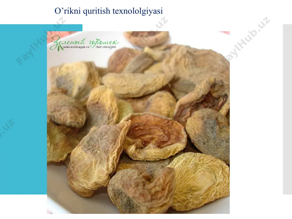 uritish agentining harorati va harakatlanish tezligi, quritilgan olxo‘rini keyingi ishlov berish usuliga bog‘liqdir. quritilgan olxo‘ri ikki ko‘rinishda ishlab chiqariladi: 1-ishlov berilmasdan quritilgan, polimer materiallardan qilingan polietilen ps-2 (polietillen-sellofan) paketlarga qadoqlangan; 2-ishlov berilib quritilgan va yashiklarga qadoqlangan. 1-usul bilan quritilgan olxo‘ri qoqining namligi 22-25% bo‘lib, 2-usulda tayyorlangan mahsulotniki 18-20% ni tashkil etadi. tunelli quritgichlarda olxo‘rini quritishda mahsulot namligini bir xil bartaraf etilmasligi kuzatiladi. quritish jarayonida mahsulotlarning namligi darajasidagi tafovut 2 dan 5% gachani tashkil etib, yaxshi qurimagan mevalar qayta quritishga yuboriladi. quritilgan olxo‘ri mevalarining namligini me’yorlash uchun tubi va devorlari toza va quruq nam yutmaydigan material bilan qoplangan bunkerga yuklanadi. tunnelli quritgichlarda quritilgan olxo‘ri mevalari o‘zlarining yaxshi organoleptik ko‘rsatkichlari bilan ajralib turadi. ular o‘zining tabiiy muattar hidi, sirtining yaltiroqligi, tarkibida kuygan, yorilgan, deformatsiyalanmagan mevalarning yo‘qligi bilan farqlanadi. olxo‘rilarni boshqa quritish uskunalarida quritishda yuqoridagi ko‘rsatkichlari bo‘yicha yaroqsiz holga kelish bo‘yicha yo‘qotishlar miqdori 2,6% ni tashkil etadi. tunnelli quritgichlarning olxo‘rini vengerka moldavskaya navini …