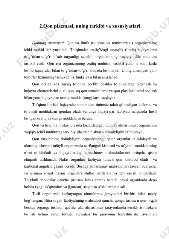 n tarkibining doimiyligini organizmdagi qator organlar ta’minlaydi va ularning ishtiroki tufayli organizmda sarflangan kislorod va to’yimli moddalarning o’rni to’ldiriladi va hujayralardagi almashinuv mahsulotlavrini ortiqcha qismi chiqarib tashlanadi. nafas organlari faoliyati tufayli qon kislorod oladi va karbonat angidrid gazini beradi. boshqa almashinuv mahsulotlari asosan buyraklar va qisman ovqat hazmi organlari shilliq pardalari va teri orqali chiqariladi. to’yimli moddalar qancha (asosan ichaklardan) hamda qaysi organlarda depo holida (yog’ to’qimalari va jigardan) saqlansa o’shalardan oladi. turli organlarda kechayotgan almashinuv jarayonlari bir-biri bilan uzviy bog’langan. bitta organ faoliyatining mahsuloti qancha qonga tushsa u qon orqali boshqa organga tushadi, qaysiki ular almashinuv jarayonlarida kerakli ishtirokchi bo’lish uchun zarur bo’lsa, ayrimlari bu jarayonni tezlashtirishi, ayrimlari parchalanishi yoki qayta sintezlanishi mumkin. organlarning bunday gumoral yo’l bilan o’zaro aloqasi qon orqali bajariladi va bunda ichki sekresiya bezlaridan ishlab chiqiladigan garmonlar muhim ahamiyatga ega. qonning yana bir funksiyasi - organizmni hujayra tanalarining parchalanishi natijasida hosil bo’ladigan mahsulotlar, hamda yog’ …