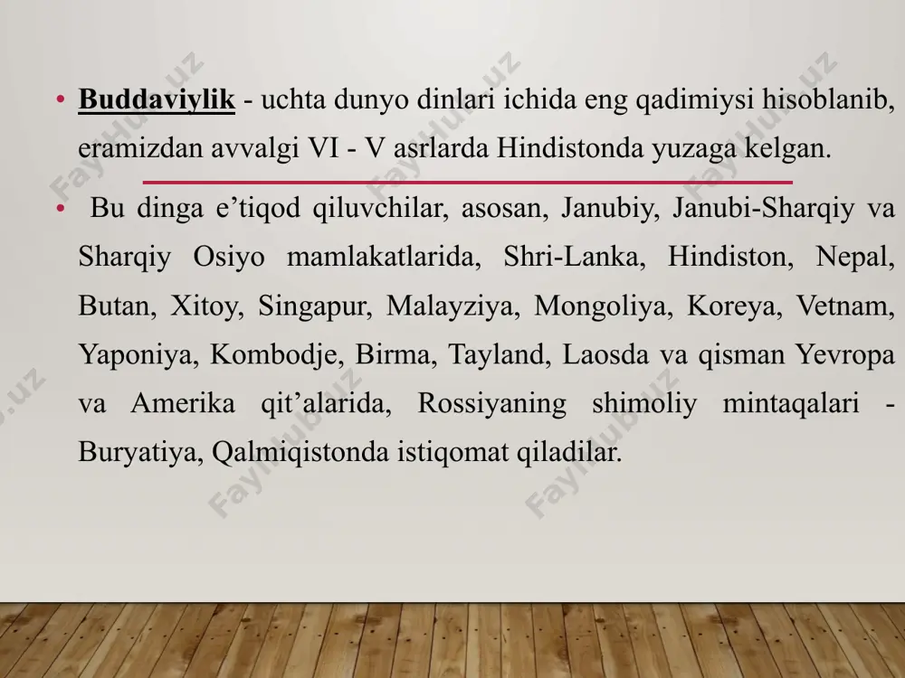 an 2500 yildan avvalroq hindistonda diniy falsafiy ta`limot sifatida vujudga kelib, unda ko‘plab qonuniy manbalar va ko‘p sonli diniy yo‘nalishlar mavjuddir buddaviylik asoschisining shaxsi. buddaviylik asoschisi haqiqiy tarixiy shaxsdir. siddxarta, gautama, shakyamuni, budda, tadxagata, djipa, bxagavan kabi ismlar bilan zikr etadilar. bu ismlarning ma`nolari quyidagicha: siddxartxa - shaxsiy ismi, gautama - urug‘ ismi, shakyamuni - shaklar yoki shakiya qabilasidan chiqqan donishmand, budda - nurlangan, tadxagata - shunday qilib shunday ketgan, djina - g‘olib, bxagavan - tantana qiluvchi. bu ismlar ichida eng mashhuri budda ismi bo‘lib, shu ismdan uning diniga buddaviylik (buddizm, buddiylik) nomi berilgan. budda o’zining birinchi da’vatini varanasi yaqinidagi rishipatana bog’ida, o’zining besh rohib do’stlariga qildi va o’shalar uning birinchi shogirdlari bo’ldilar. shu kundan boshlab budda o’z shogirdlari bilan qishloqma-qishloq yurib o’z ta’limotni tarqatib o’ziga yangi izdoshlar orttiradi. budda 40 yil davomida o’z ta’limotini hindistonning turli joylariga etkazadi va 80 yoshida kushtnagara degan joyda dunyodan o’tdi. uning jasadi hind …