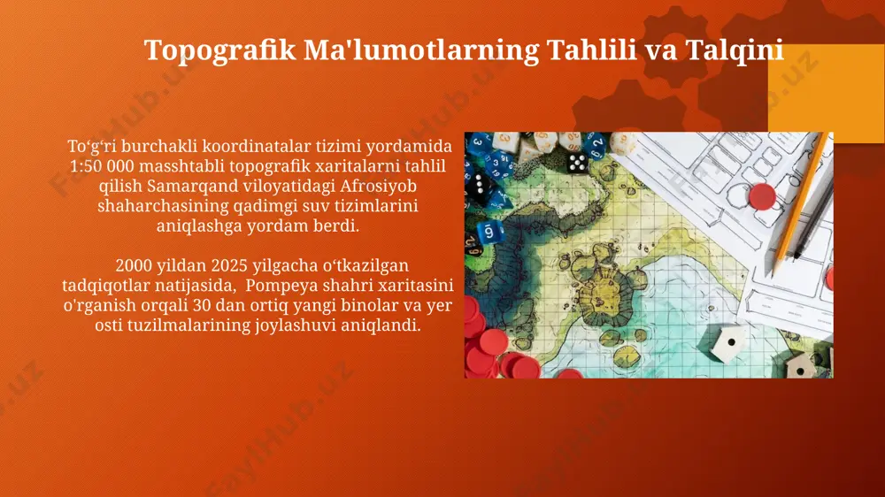 ini 3d modellashtirish orqali 5000 dan ziyod artefaktning joylashuvini aniq va interaktiv tarzda namoyish etish mumkin. 3d modellashtirish, masalan, pompei shahri xarobalari kabi joylarda 2000 dan ortiq ma'lumot nuqtalarini birlashtirib, yuqori aniqlikdagi relyefni yaratishga imkon beradi. suv manbalarini va yo'llarni aniqlash xorazm viloyatidagi qadimiy sug'orish tizimlari qoldiqlarini (taxminan 100 ga yaqin maydon) aniqlash va ularning suv manbalariga bo'lgan bog'lanishini topografik xaritalar yordamida tahlil qilish orqali o'rganish mumkin. qadimgi yo'llar tarmog'ini, xususan, 15-asrga oid buxoro viloyatidagi karvon yo'llarini aniqlashda, topografik xaritalarning 1:50 000 shkaladagi relyef tasvirlari va kontura liniyalari yordam beradi. yer osti tuzilmalarini aniqlash topografik ma’lumotlar, 20-asr boshlarida olingan aerofotografik suratlar bilan birgalikda, buxoro viloyatida joylashgan 5 dan ortiq qadimgi qal’a xarobalari joylashgan hududlarni aniqlashda, ularning balandlik va chuqurlik farqlarini hisobga olish orqali, muhim rol o‘ynaydi. yer osti tuzilmalarini aniqlashda topografik xaritalarning 1:5000 masshtabli versiyalari, ayniqsa, o‘zbekistonning samarqand viloyati kabi murakkab relyefli hududlarida, qadimiy aholi punktlarining joylashuvini aniqlashda muhim ahamiyat …