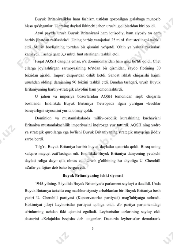 'liga o'tdi. ви partiya parlamentdagi o'rinlarning uchdan ikki qismini egalladi. leyboristlar o'zlarining sayloy oldi dasturini «kelajakka boqish» deb ataganlar. dasturda leyboristlar demokratik sotsializmni qurish maqsadini ilgari surdilar. ular bunday sotsializmni islohotlar yo'li bilan qurishlarini e'lon qildilar . dasturda sotsia1izm inqilobning natijasi bo'lishi kerak emasligi alohida uqtirilgan edi. xo'sh, leyboristlar qanday jamiyatni demokratik sotsializm deb tushungan edilar? ularning demokratik sotsializmi farog'at davlatining ауnаn o'zi edi. 27 -iyulda k. ettli boshchiligida tuzilgan leyboristlar hukumati ( 1945-1951) saylov oldi dasturini amalga oshirishga kirishdi. hukumat jiddiy islohotlar o'tkazdi. chunonchi, buyuk britaniya banki po'lat, ko'mir va gaz, elektroenergiya sanoatini, telegraf va radioaloqa, fuqaro aviatsiyasi, suv va temir yo'l transportini milliylashtirdi. milliylashtirish sotib olish yo'li bilan amalga oshirildi. 1945-1948-yillarda fuqarolarni ijtimoiy himoya qilish va sug'urta1ashning kompleks kafolatli tizimi yaratildi. unga ko'ra, ishsizlik bo'yicha, mehnat qobiliyatini yo'qotganlik bo'yicha, kasb kasalligi, bevalik bo'yicha nafaqa, shuningdek, qarilik pensiyalari to'lanadigan bo'ldi. 10 mln. ishchining ish haqi oshirildi. 1948-yildan bosblab tekin …