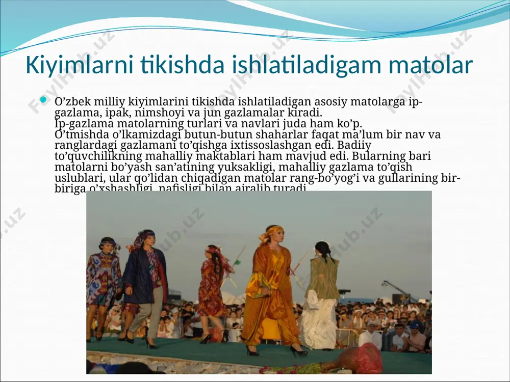 abr uslubida to’qilar edi. xix asrga kelib, yo’l-yo’l gul solingan matolar xillari keng rasm bo’lib ketdi. ip gazlama, shoyi, nim shoyi gazmollarga shu uslubda gul solina boshlandi. mazkur turdagi gazlamalarni chiqaradigan to’quvchilik markazlari samarqand, urgut, nurota, buxoro, g’ijduvon, zandona, farg’ona vodiysida namangan, beshariq tumanlarida mavjud edi. xorazm ustalari tayyorlagan gazlamalar ham o’ziga xos gullari bilan ko’zga tashlanib turadi. matolarga gul bosishning usullaridan abrli iplar bilan gul solingan, bo’yoqlari yoyiq, qimmatbaho ipak gazmollarni ishlab chiqarishda qo’llanilgan. abrband usuli bilan iplarni o’rab-bog’lab qo’yishdan iborat mazkur murakkab va sermehnat jarayon asosan farg’ona vodiysi shaharlari va samarqand, buxoroda xonatlas to’qishda qo’llanilgan. image3.jpeg image4.jpeg image5.jpeg image6.jpeg image7.jpeg image8.jpeg image9.jpeg image10.jpeg image11.jpeg image12.jpeg image13.jpeg image14.jpeg image15.jpeg image16.jpeg image17.jpeg image2.jpeg /docprops/thumbnail.jpeg