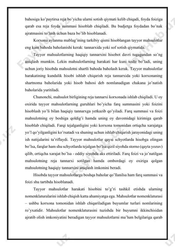 lotlar assortimentini nazorat qilish uchun va tayyor mahsulotlarni omborga topshirishda nakladnoylar yozish uchun; 1. marketing bo’limi – mahsulot jo’natish shartnomasining bajarish imkoniyati ustidan nazorat qilish uchun; 1. buxgalteriya – analitik hisob, svodkalar va hisobotlar tuzish uchun foydalanishi mumkin. shuning uchun korxonalarning buxgalteriya hisobini tashkil qilish tizimida tayyor mahsulotlar ularni yuklash va sotish hisobi alohida o’rin tutib, uning vazifalari quyidagilardan iborat: 1. tayyor mahsulotlar ishlab chiqarish, ularning zaxiralari holati hamda omborda saqlanishi, bajarilgan ishlar va ko’rsatilgan xizmatlar ustidan uzluksiz nazorat qilish; 1. yuklangan va jo’natilgan mahsulot (ish, xizmat) larni o’z vaqtida va to’g’ri hujjatlashtirish, xaridorlar bilan olib boriladigan hisob– kitoblarni aniq tashkil etish; 1. sotilgan mahsulotlarning hajmi va assortimenti bo’yicha mol jo’natish shartnoma rejasining bajarilishi ustidan nazorat qilish; 1. sotilgan mahsulot uchun olinadigan mablag’lar summasini, mahsulot ishlab chiqarish uchun ketgan haqiqiy xarajatlarni, foyda summasini o’z vaqtida va aniq hisoblab chiqish. bu vazifalarning bajarilishi korxonaning bir tekisda ishlashi, sotish hamda ombor xo’jaligini …