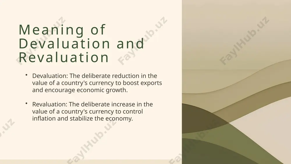 rly 2000s, argentina faced a severe economic crisis, resulting in a significant currency devaluation. china yuan revaluation (2005) china's decision to revalue its currency, the yuan, aimed to address imbalances in international trade. germany deutsche mark revaluation (1948) after world war ii, germany revalued its currency to stabilize the economy and combat inflation. 7 conclusion understanding the intricacies of currency devaluation and revaluation is crucial in comprehending their impacts on the global economy and individual nations. 8 thank you for your attention! image1.png image2.png image3.png image4.png image5.png image6.png image7.png image8.png image9.png image10.png