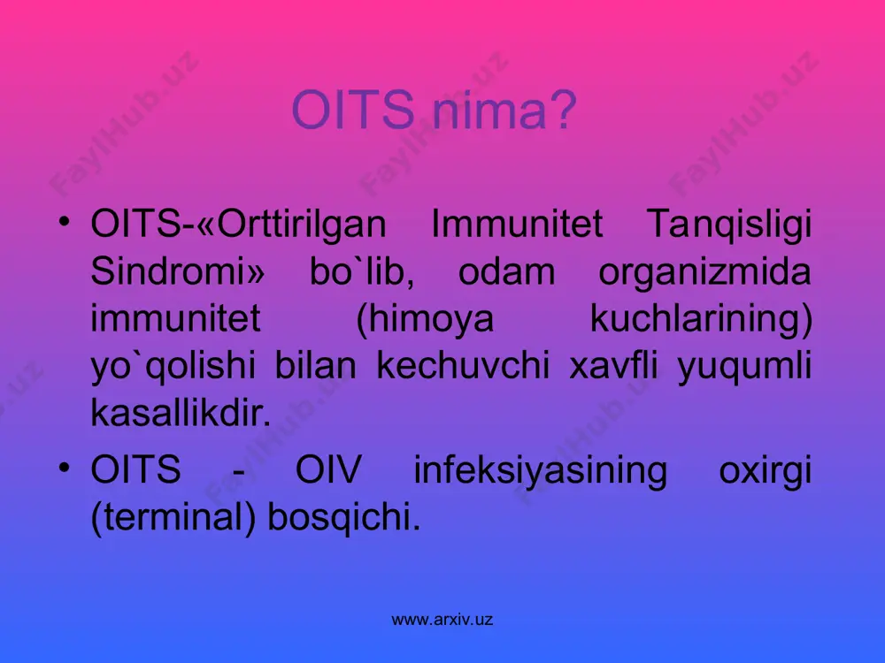 asalligining belgilari: kasallikning yashirin davri o’rtacha 3-4 haftadan 5-6 oy, hatto 2-5 yilgacha davom etib, so’ng oiv infeksiyasining klinik belgilari namoyon bo’ladi. bunda kamquvvatlik, ishtaha pasayishi, kechalari terlash, uzoq vaqt sababsiz tana haroratining ko`tarilishi, limfa tugunlari (jag’ osti, qo’ltiq osti, chov)ning kattalashuvi kuzatiladi, terida toshmalar paydo bo’ladi. www.arxiv.uz www.arxiv.uz shuningdek, ich ketishi (diareya), sababsiz o`pka shamolashlari (atipik pnevmoniya) holatlari, odamning keskin ozib ketishi, xavfli o`smalarning rivojlanishi yuzaga keladi. avj olish davrida bemor sariq kasal, sil, nafas yo’llari va oshqozon ichak tizimini zararlovchi turli kasalliklarga beriluvchan bo’lib qoladi.tanada yuzaga kelgan boshqa kasalliklarning asorati tufayli inson hayotdan ko`z yumadi. kasallik muqarar o`lim bilan tugaydi. www.arxiv.uz www.arxiv.uz eslatma: sog’lomdеk bo’lib ko’ringan odamdan spid yuqtirib olishingiz mumkin. spid virusi kirgandan so’ng kasallikning birinchi bеlgilari namoyon bo’lishiga qadar bir nеcha oy yoki yillar o’tishi mumkin, lеkin kasallangan odam jinsiy aloqa yoki igna bеrish orqali boshqalarga xam ushbu kasallikni yuqtirishi mumkin. www.arxiv.uz www.arxiv.uz statistika butunjahon sog’liqni …