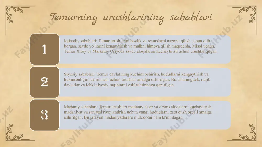 hqaruvni mustahkamlash uchun urushlar olib borgan. bu maqsadga erishish uchun strategik hududlarni egallash va o'z ta'sir doirasini kengaytirgan. resurslarni qo'lga kiritish: urushlar orqali yangi resurslar, boyliklar va iqtisodiy imkoniyatlarni qo'lga kiritish. bu temurga kuchliroq harbiy va iqtisodiy bazani yaratishda yordam berdi. harbiy kuchni oshirish: temur armiyasini kuchaytirish va jangovar tajribani oshirish uchun urushlarni o'tkazgan. bu uning harbiy strategiyasini rivojlantirish va yirik janglarda muvaffaqiyatli bo'lishiga asos bo'ldi. 1 2 3 urush strategiyalari: asosiy xususiyatlar urush strategiyalarining ta'rifi va ahamiyati: bu strategiyalar janglarda muvaffaqiyatga erishish uchun qo'llaniladigan planlar va yondashuvlardir. ular harbiy muvaffaqiyat uchun muhim bo'lib, har bir jang va urushning o'ziga xos xususiyatlariga mos ravishda ishlab chiqiladi. temurning janglarda qo'llagan strategiyalari: u tezkor hujumlar, raqibni chalg'itish va psixologik urush usullaridan foydalanar edi, bu uni ko'plab janglarda g'alaba qozonishga yordam berdi. urush strategiyalarining muvaffaqiyatga ta'siri: to'g'ri strategiya tanlash jang natijasiga bevosita ta'sir qiladi. temurning muvaffaqiyati uchun strategiyalari muhim rol o'ynagan, ular raqiblarga …