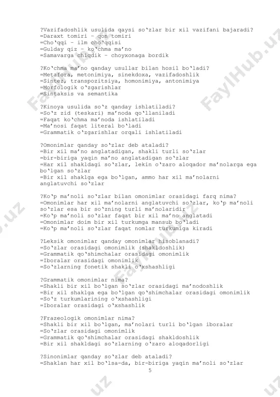 o‘lgan so‘zlar =so‘zlarning o‘xshashligi asosida hosil bo‘lgan so‘zlar ?sinonimlarning qanday turlari mavjud? =leksik va sintaktik =leksik, frazeologik, grammatik, sintaktik =leksik va frazeologik =grammatik va leksik ?to‘liq sinonimlar nima? =ma’nolari bir-biriga farqsiz, lekin turli shakllarda ishlatiladigan so‘zlar =shakli bir xil bo‘lgan so‘zlar =faoliyat bilan bog‘liq sinonimlar =bir ma’no qirrasi bilan farq qiladigan so‘zlar ?ma’nodosh so‘zlar qanday farqlanadi? =biror ma’no qirrasi bilan farq qiladi, lekin birlashtiruvchi ma’nosi bir xil bo‘ladi =ma’nolari to‘liq farq qiladi =barcha so‘zlar bir xil ma’no anglatadi =ma’nosi aniq bo‘lmagan so‘zlar ?grammatik sinonimlar qanday misollar bilan ifodalanadi? =so‘z turkumlarining bir-biriga o‘xshashligi =so‘zlarning aloqadorligi =sintaktik tuzilmalarning bir xil ma’noga ega bo‘lishi =ayrim qo‘shimchalar yoki ko‘makchilar orasidagi ma’nodoshlik ?sintaktik sinonimlar qanday misollar bilan ifodalanadi? =bir xil ma’noni turli gap bo‘laklari anglatadi =shakli bir xil bo‘lgan so‘zlar =omonimlarning aloqalari =iboralar orasidagi aloqalar ?antonimlar nima? =ma’nolari o‘zaro zid qarama-qarshi bo‘lgan so‘zlar =shakli bir xil bo‘lgan, ma’nosi o‘xshash so‘zlar =iboralar orasidagi zidlik =bir xil …