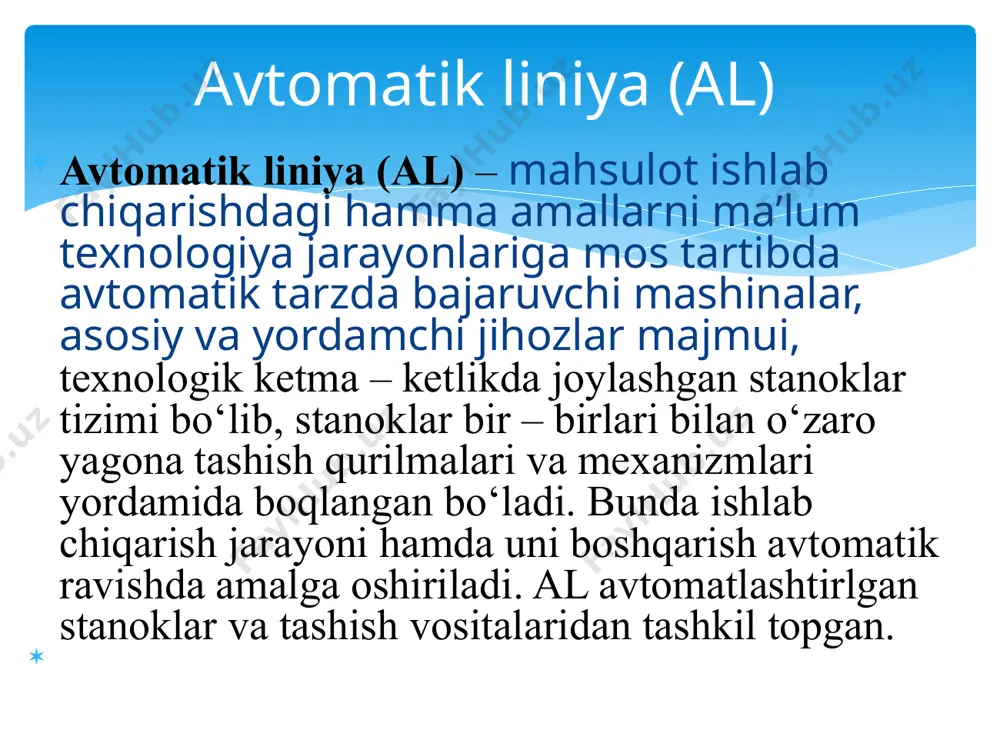 n) egiluvchan boqlanish liniyalarga bo‘linadilar. bikr transport boqlanishli liniyalarda detallarning stanokdan stanokka o‘tishi butun zanjir bo‘yicha bir vaqtda amalga oshadi, ya’ni xamma stanoklar ishi bilan tashuvchi tizim ishi orasida bikr (qat’iy) o‘zora boqlanish mavjud. seriyali ishlab chiqarishlarda foydalaniladigan al egiluvchan (moslashuvchan) transport boqlanishli allarda ayrim stanoklarning ish sikli o‘zora boqlanmagan. bu al da operasiyalar orasida detallarni to‘plash uchun to‘plagich (bunker, magazin)lar ko‘zda tutiladi. al ni boshqarish undagi transportlarning qaytma - ilgarilama harakatlarini hamda stanok ijrochi organlarini ma’lum ketma-ketlikda boshqarishdan iborat. boshqarish apparatlari sifatida seriyali elektr apparatlar; magnitli yurgizgichlar, kontaktorlar, yo‘l uzgichlari, knopkalar ishlatiladi. al parmalash, yo‘nish, frezalash kabi operasiyalarni bojaruvchi kuch kallaklari bilan ta’minlangan. har bir pozisiyada ikkita kuch kallagi bo‘lishi mumkin. bu esa detalga bir vaqitda ikki tomondan ishlov berishga imkon beradi. al ning ish sikli ishlov berish pozisiyalarga detallarni o‘rnatib so‘ngra qisib qo‘yish bilan boshlanib, keyin kesuvchi asboblarga ega bo‘lgan kuch kallaklari zagotovkaga tez yaqinlashadilar, so‘ngra ular keyingi …